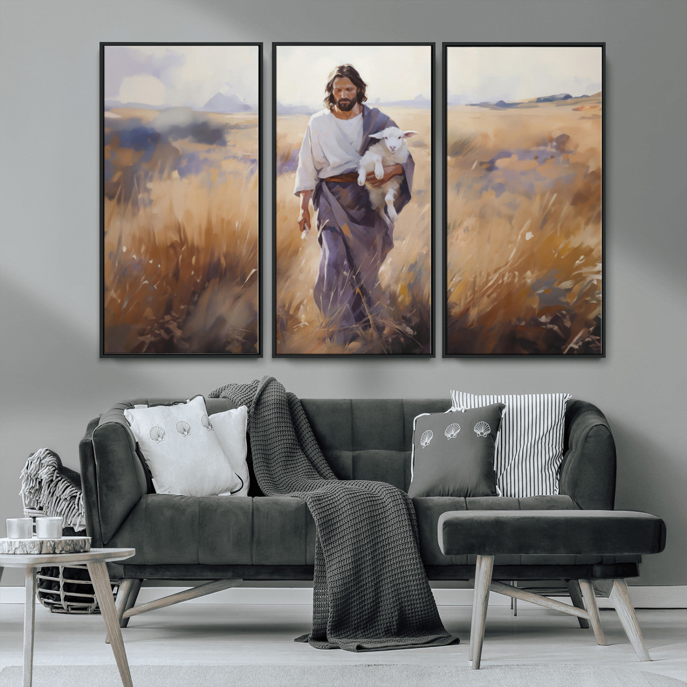 MGV-FC-48X32-3P - Jesus the Good Shepherd Wall Art Canvas Print - Lost Lamb Print for Prayer Room Decor