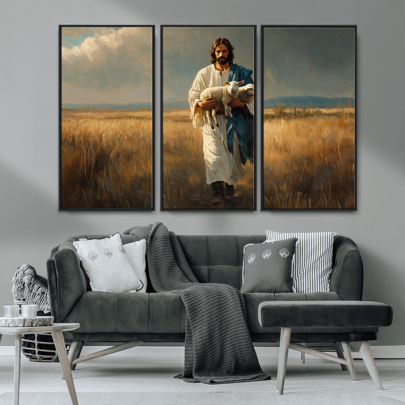 MGV-FC-48X32-3P - Jesus Shepherd Wall Art | Ready to Hang Triptych Canvas of Jesus Holding a Lamb in a Field |