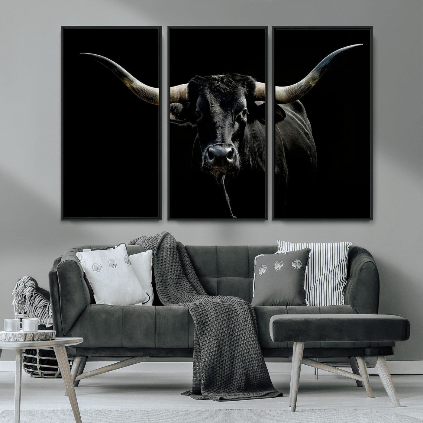 MGV-FC-48X32-3P - Texas Black Longhorn Bull Wall Art Canvas Print - Western Texas Cattle Rustic Decor Print - Longhorn