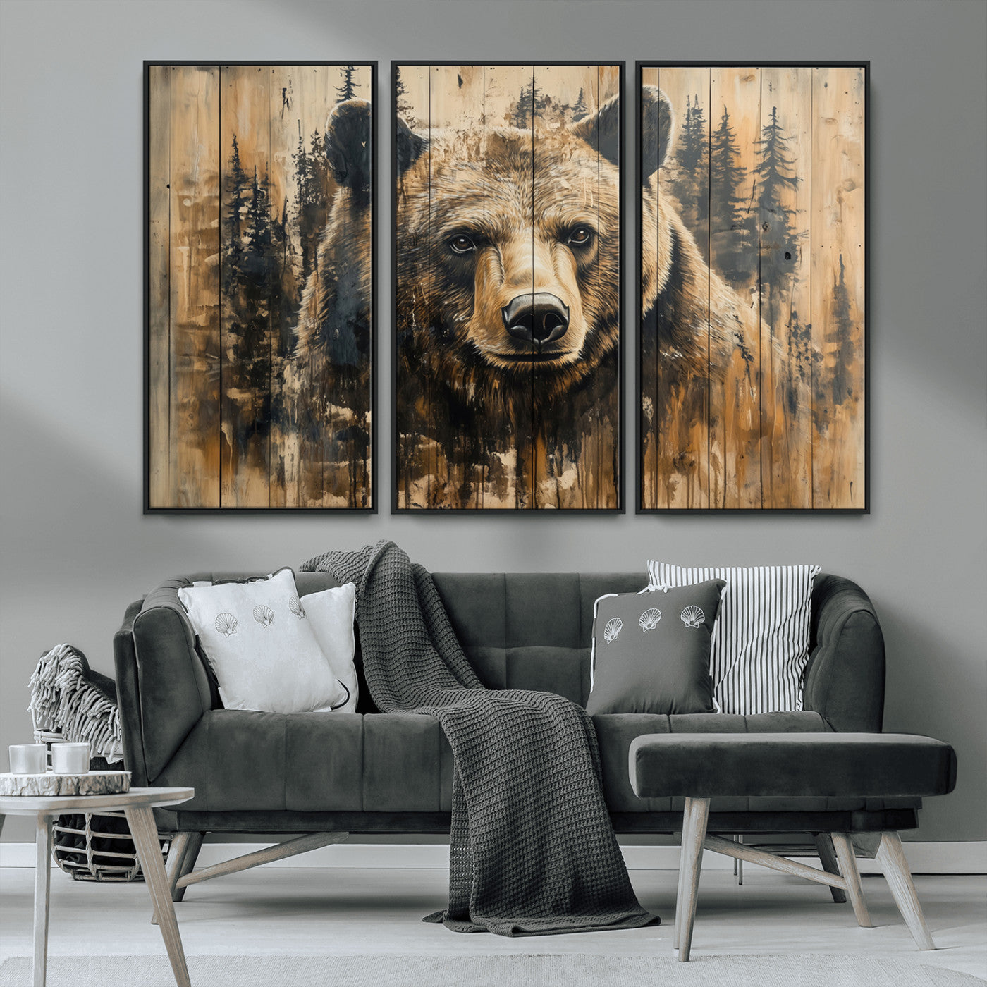 MGV-FC-48X32-3P - Majestic Grizzly 399 Bear Wall Art | 3-Panel Rustic Canvas Print for Living Room, Office, or Cabin