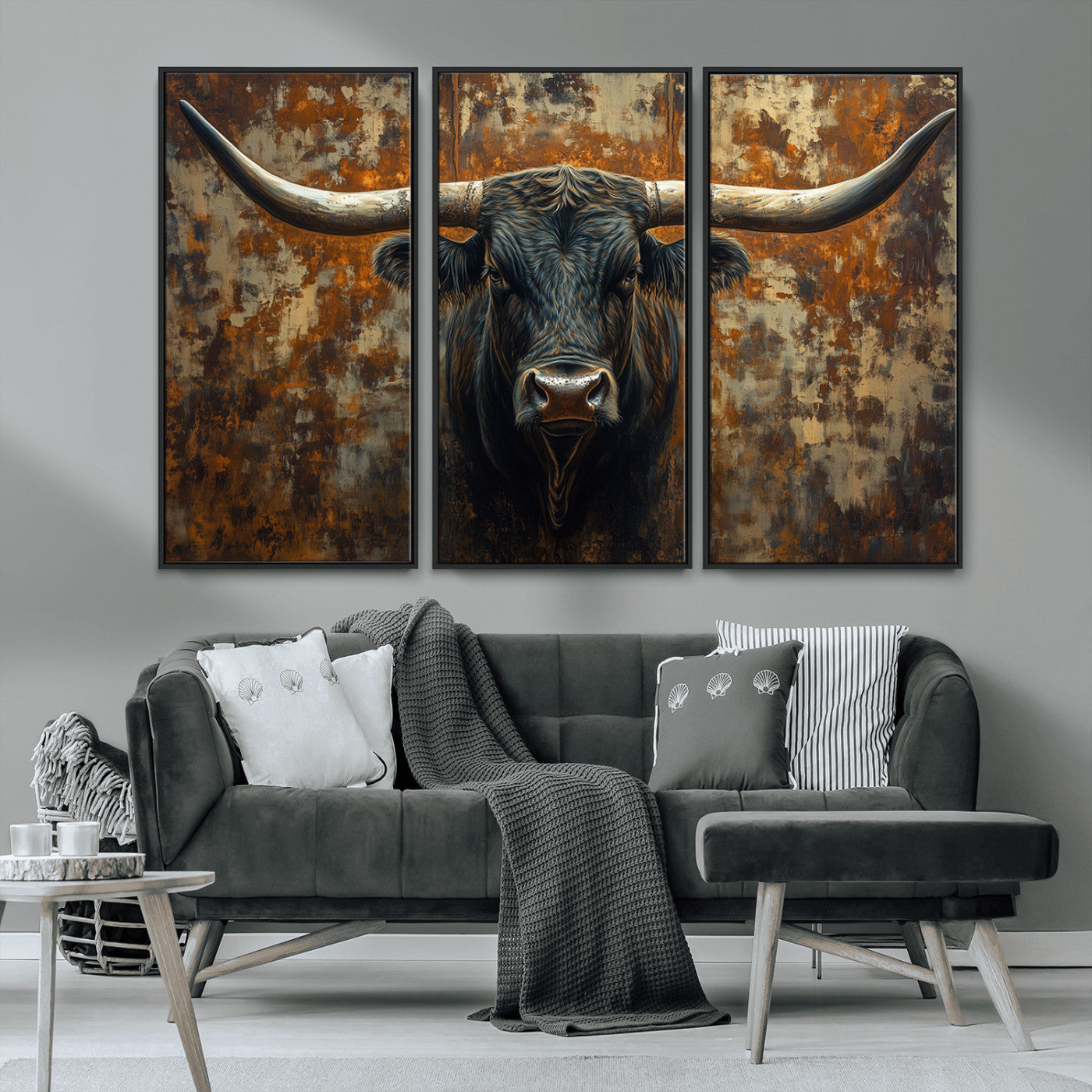MGV-FC-48X32-3P - Longhorn Texas Cow Bull Wall Art | Rustic Farmhouse Canvas Print | Ready to Hang Barn Decor for