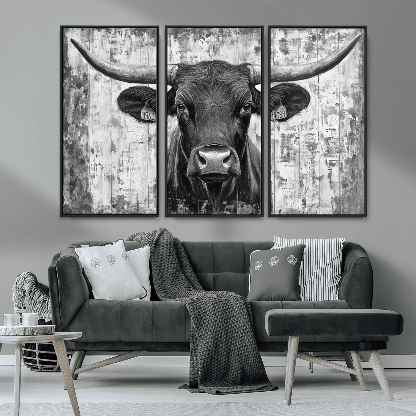 MGV-FC-48X32-3P - Abstract Longhorn Bull Wall Art Canvas Print - Rustic Texas Western Cow Artwork