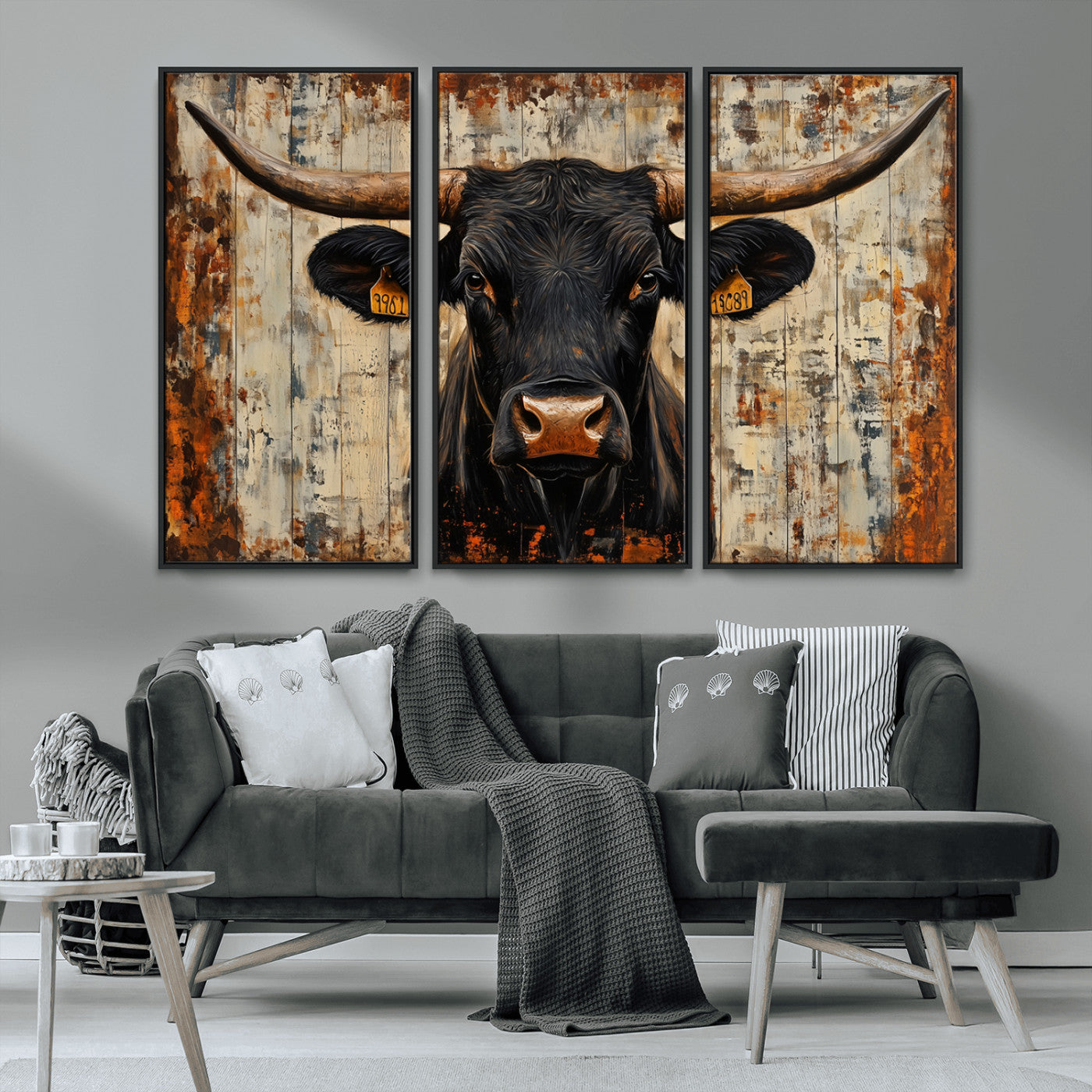 MGV-FC-48X32-3P - Rustic Texas Artwork Wall Art Canvas Print - Abstract Cow Longhorn Bull Wall Art Canvas Print