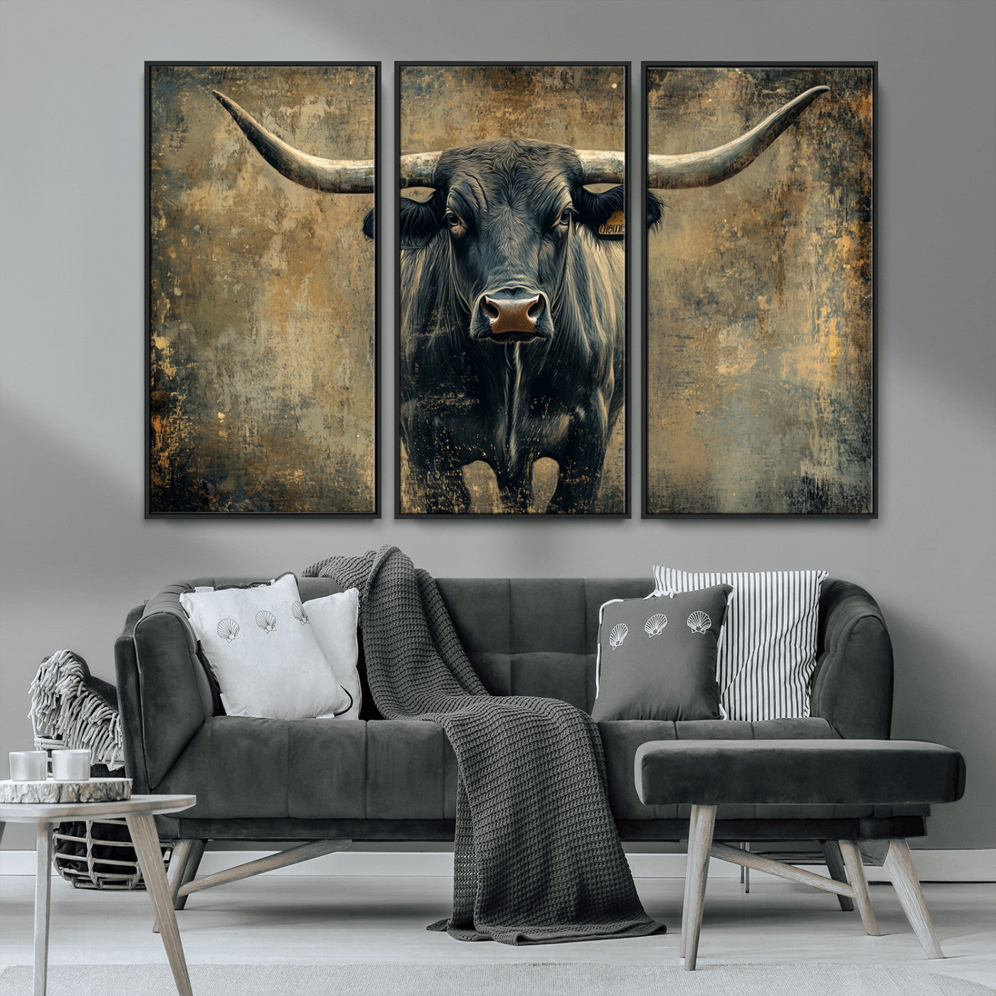 MGV-FC-48X32-3P - Longhorn Bull Wall Art Canvas Print, Framed Rustic Cow Art Picture Print, Texas Longhorn Perfect Western Decor Artwork