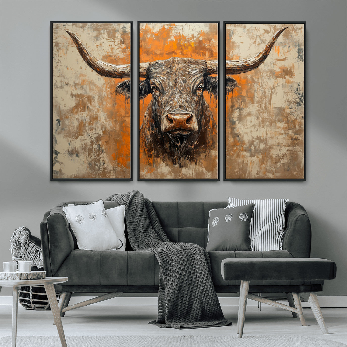 MGV-FC-48X32-3P - Abstract Cow Longhorn Bull Wall Art Canvas Print - Rustic Texas Western Cattle Artwork