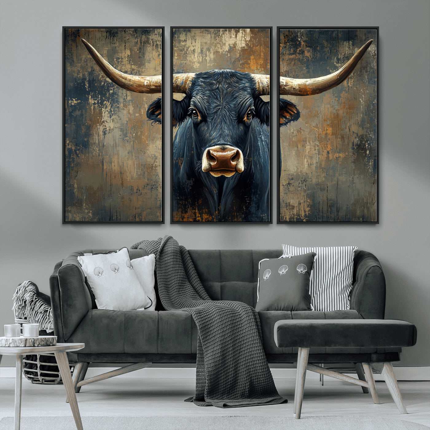 MGV-FC-48X32-3P - Texas Western Wall Art Canvas Print - Abstract Cow Longhorn Bull Wall Art Canvas Print - Rustic Cow