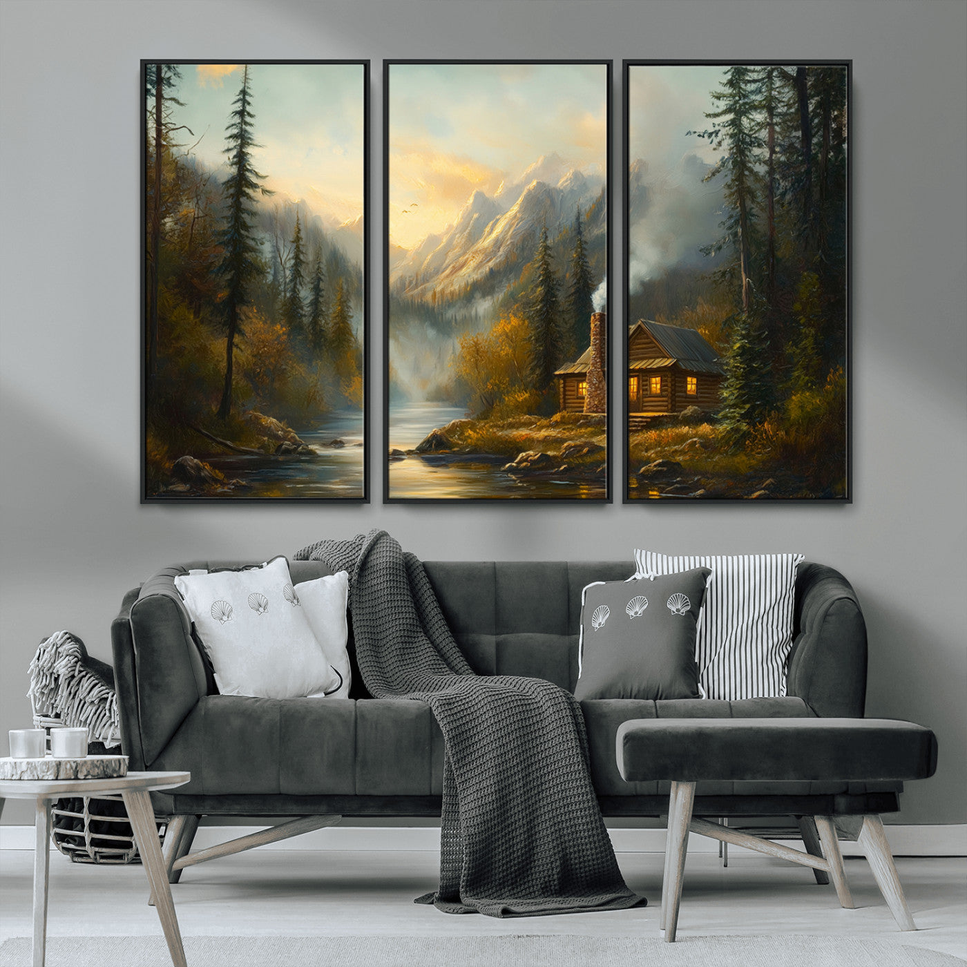 MGV-FC-48X32-3P - Wood Cabin Retreat Mountain at Sunset Wall Art Print - Serene Forest and River Landscape Wall Art