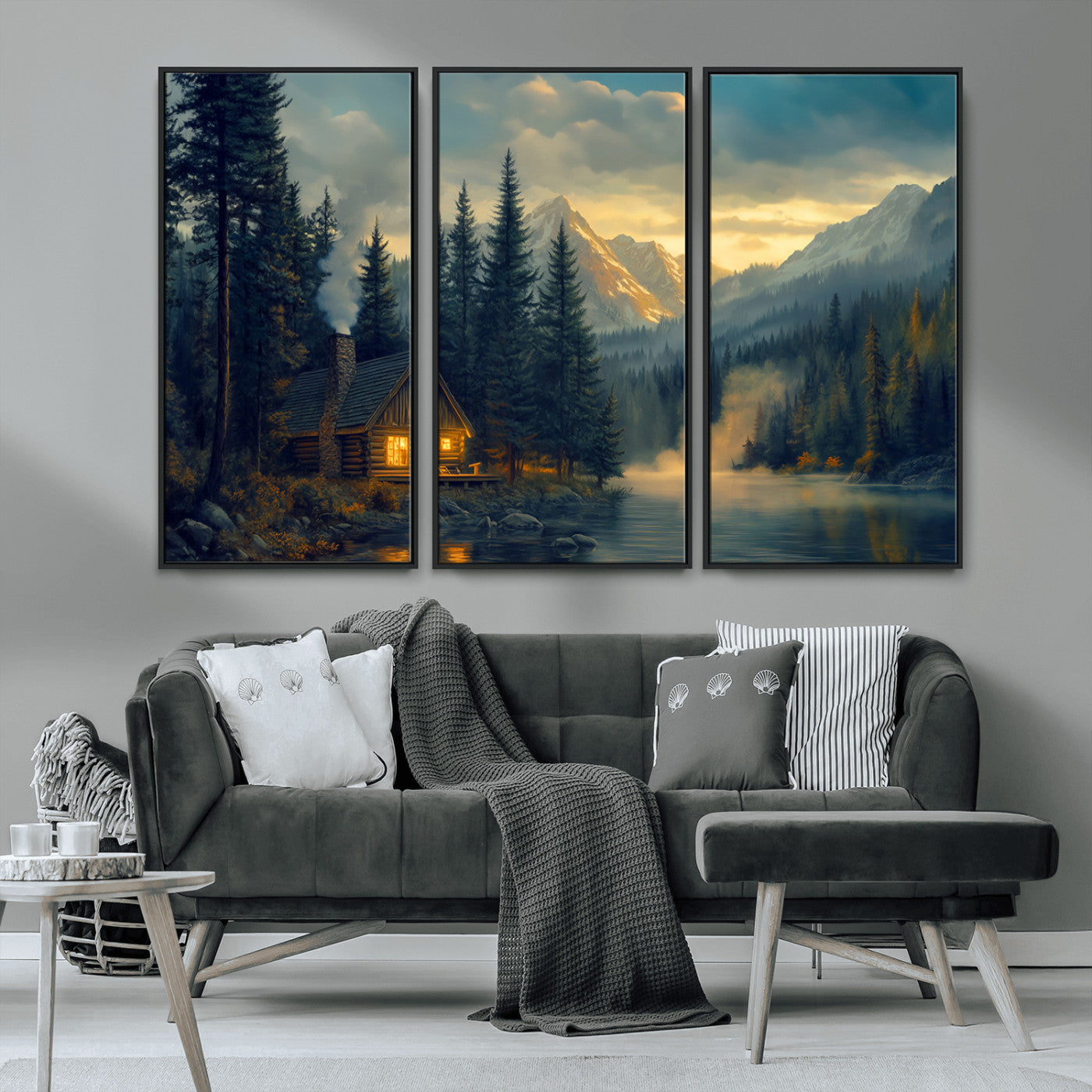 MGV-FC-48X32-3P - Mountain Cabin by the Lake at Sunset Wall Art - Serene Nature Canvas Print for Living Room Decor,