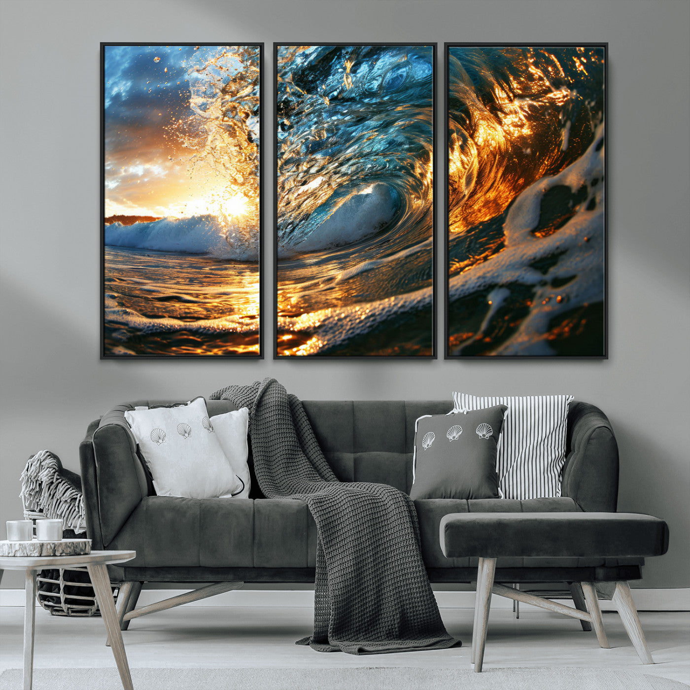 MGV-FC-48X32-3P - Ocean Wave at Sunset Canvas Wall Art – Vibrant Coastal Beach Waves Print, Large Nautical Decor,