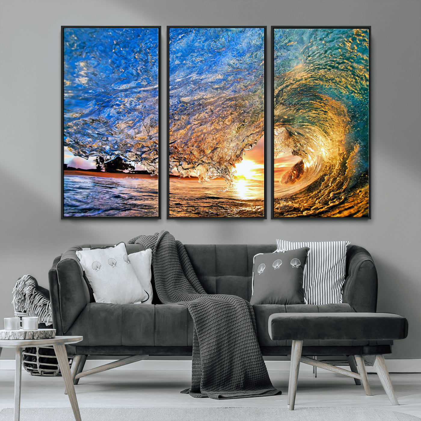 MGV-FC-48X32-3P - Ocean Wave at Sunset Canvas Wall Art – Vibrant Coastal Beach Waves Print, Large Nautical Decor,