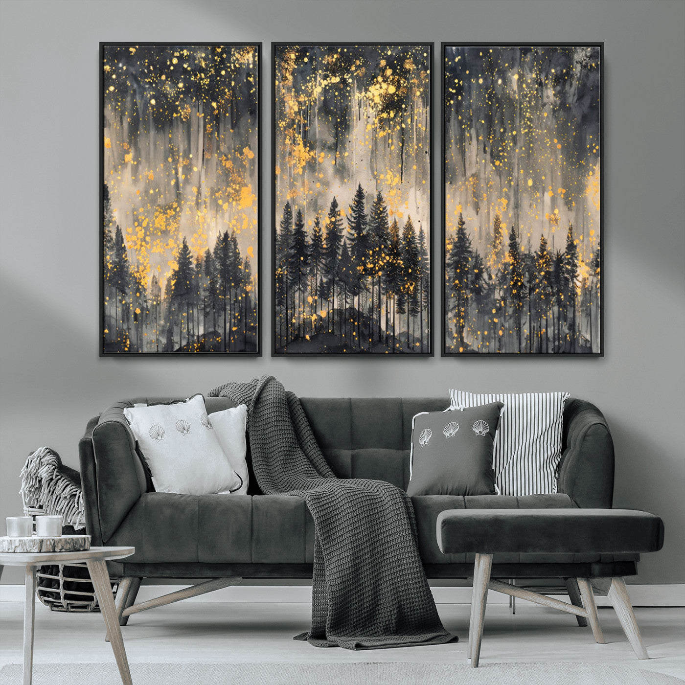 MGV-FC-48X32-3P - Golden Forest Abstract Wall Art | Dark Forest with Gold Splatter Accents | Triptych Ready to Hang
