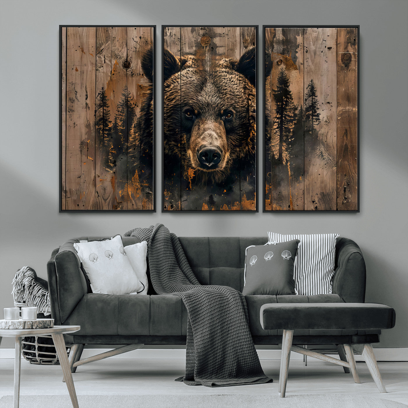 MGV-FC-48X32-3P - Rustic Grizzly 399 Wall Art | Triptych Canvas Print | Rustic Cabin Wall Decor | Perfect for