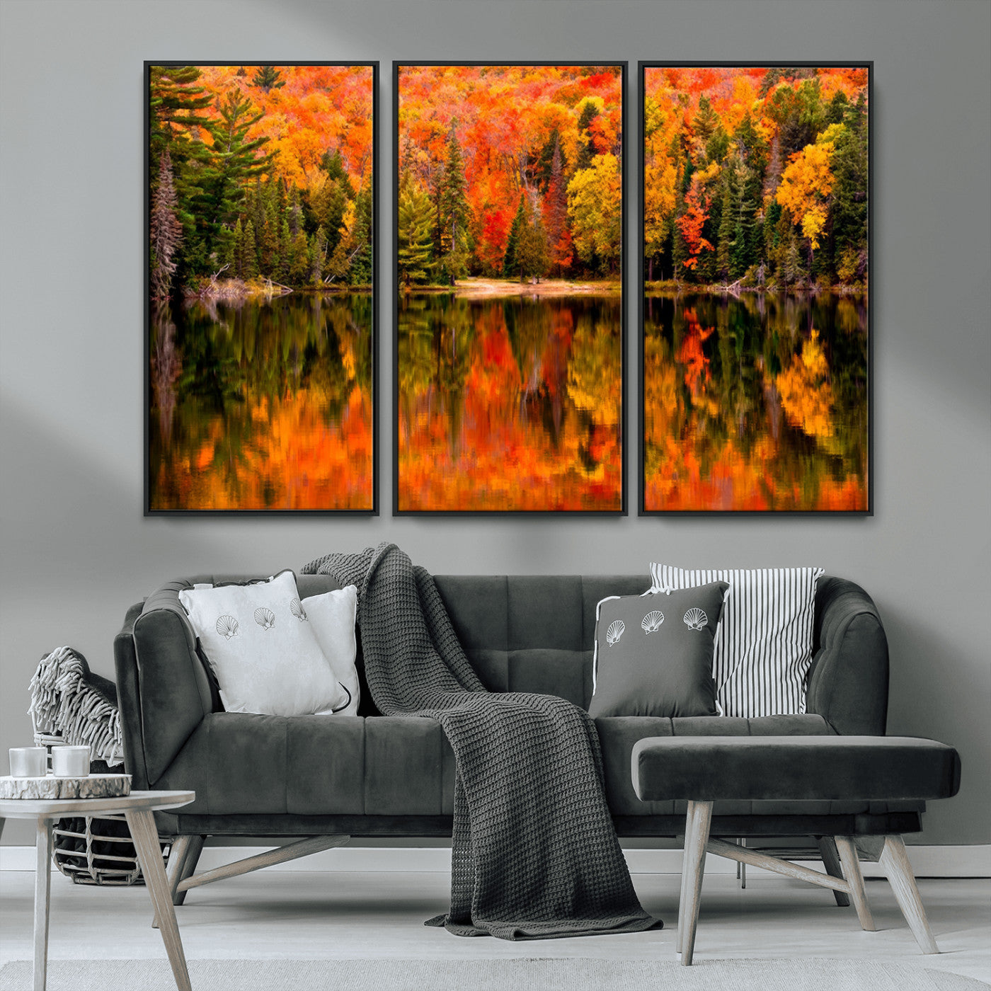 MGV-FC-48X32-3P - Forest Reflection Art | Autumn Forest Reflection Wall Art | Triptych Canvas Print | Vibrant Fall