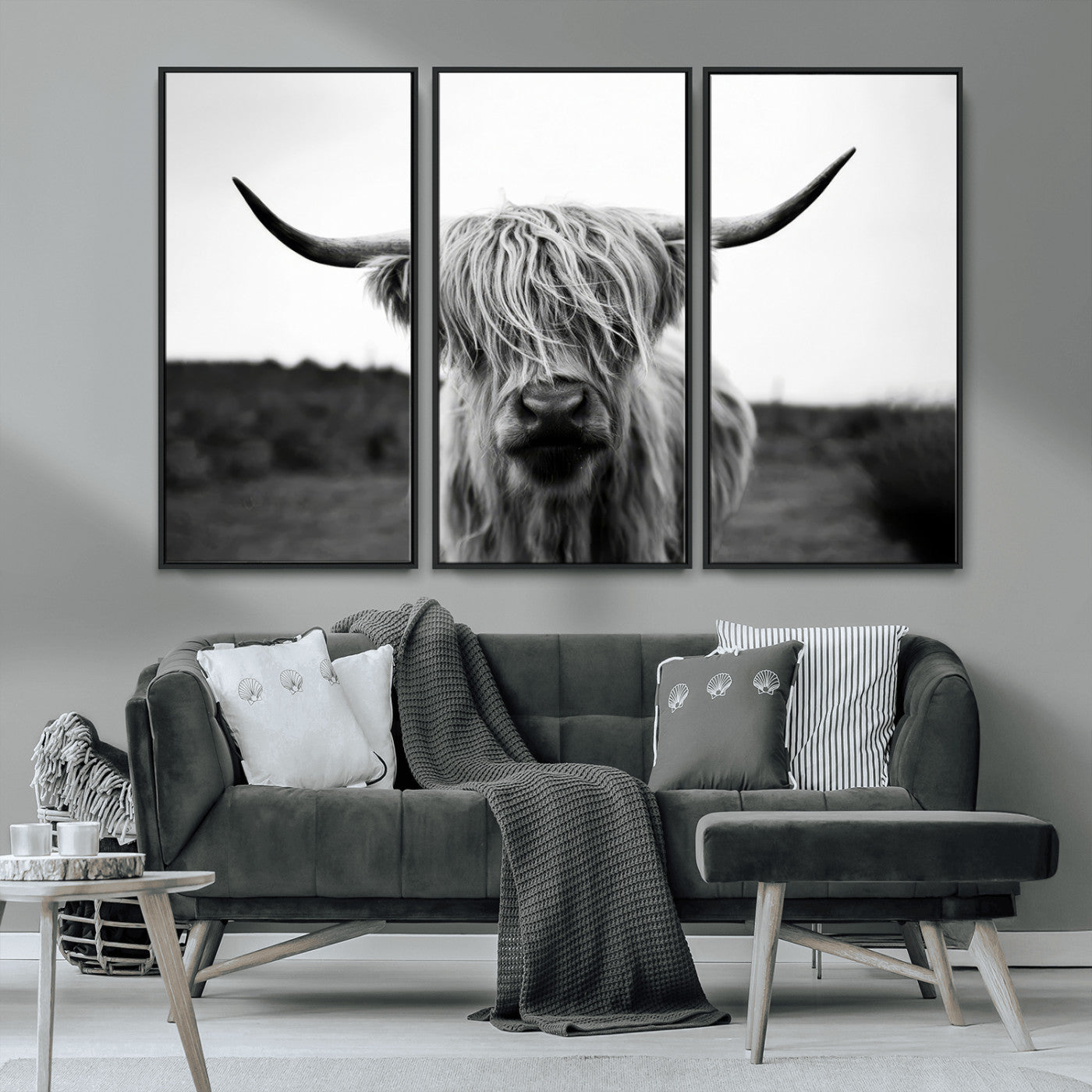 MGV-FC-48X32-3P - Highland Cow Wall Art | Black and White Farmhouse Decor | Triptych Canvas Print | Rustic Barn Decor