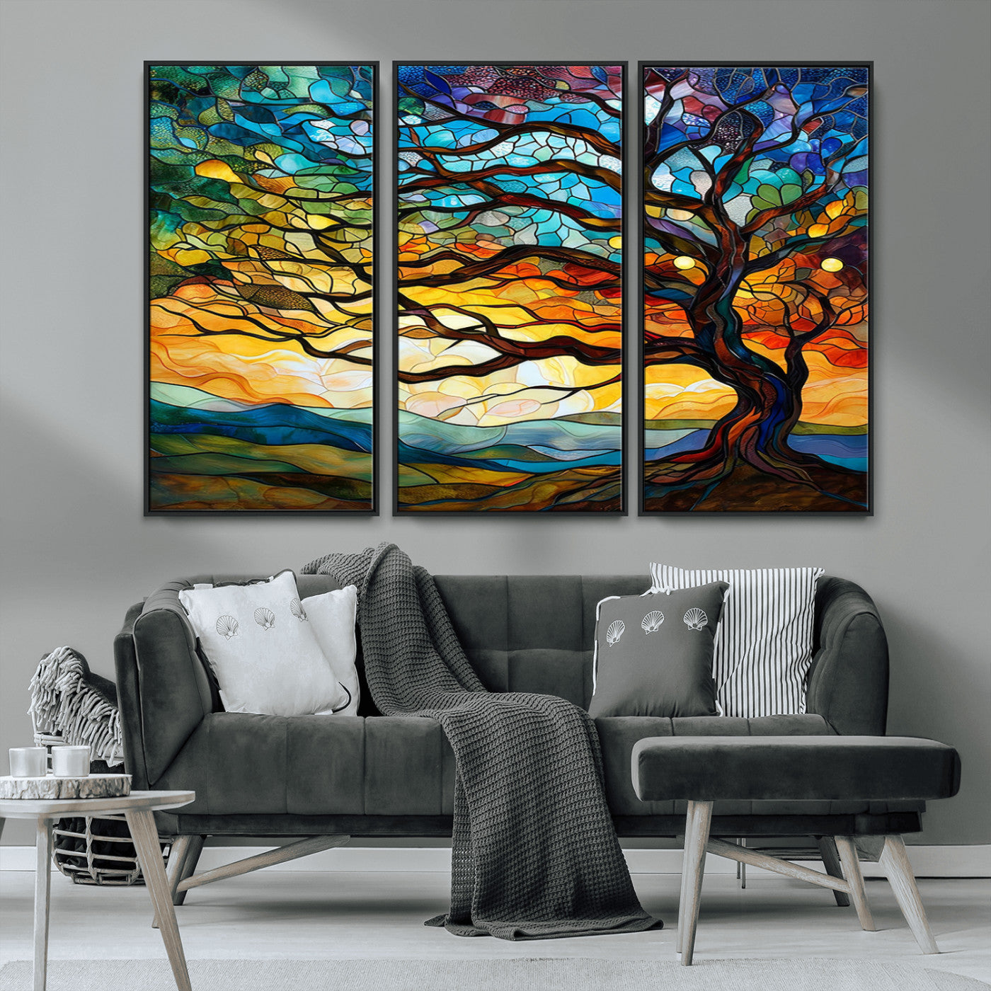 MGV-FC-48X32-3P - Vibrant Mosaic Tree of Life Wall Art | Stained Glass Style Canvas Print | Ready to Hang Artistic