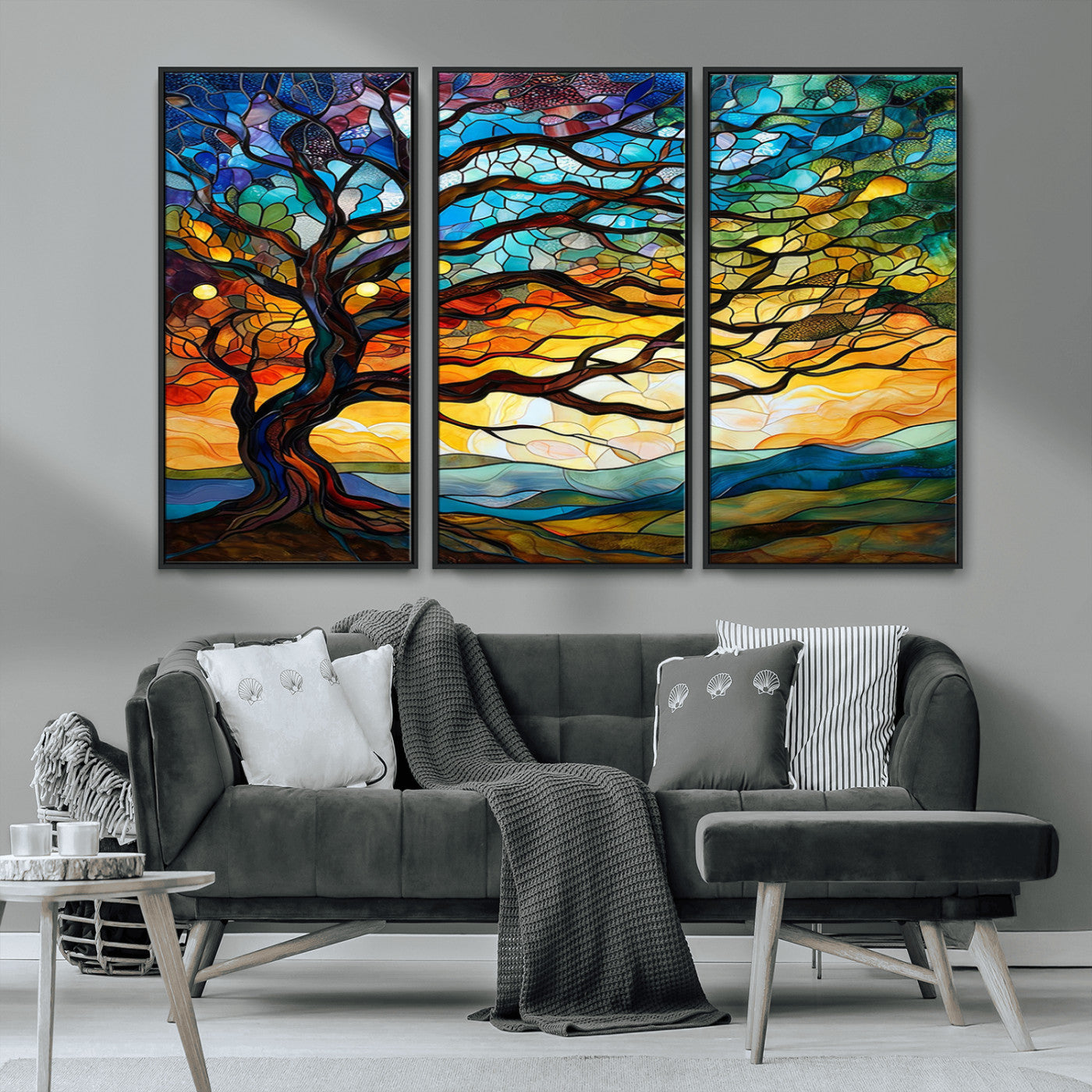 MGV-FC-48X32-3P - Mosaic Tree Wall Art | Ready to Hang Stained Glass Style Canvas Print | Farmhouse Wall Decor, Cabin