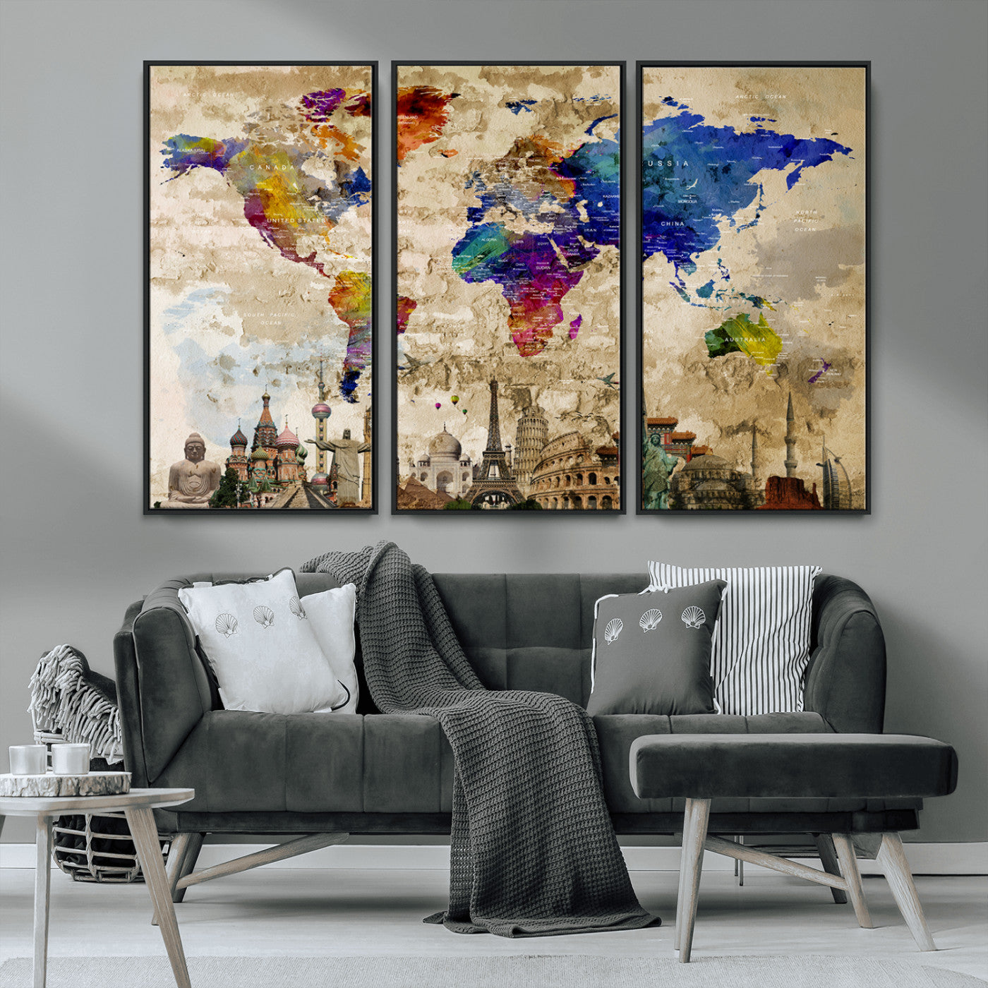 MGV-FC-48X32-3P - Push Pin World Map Canvas Print – Framed Wall Art for Couples to Track Their Travels – Anniversary