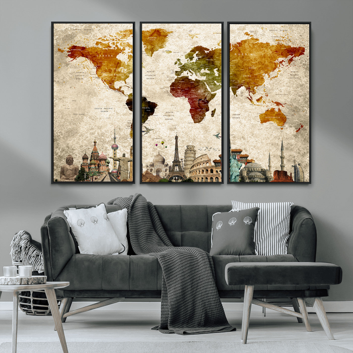 MGV-FC-48X32-3P - Push Pin World Map Canvas Print – Framed Wall Art for Couples to Track Their Travels – Anniversary