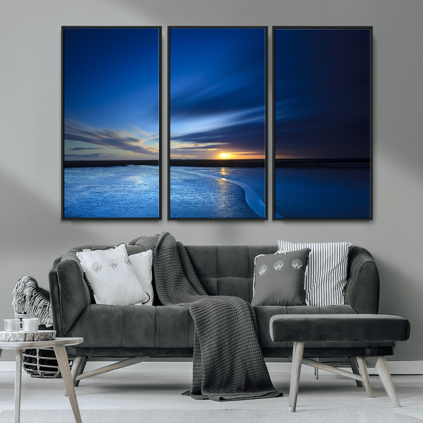 MGV-FC-48X32-3P - Blue Sunset Ocean Canvas Wall Art Print – Serene Coastal Horizon Wall Decor for Home or Office –