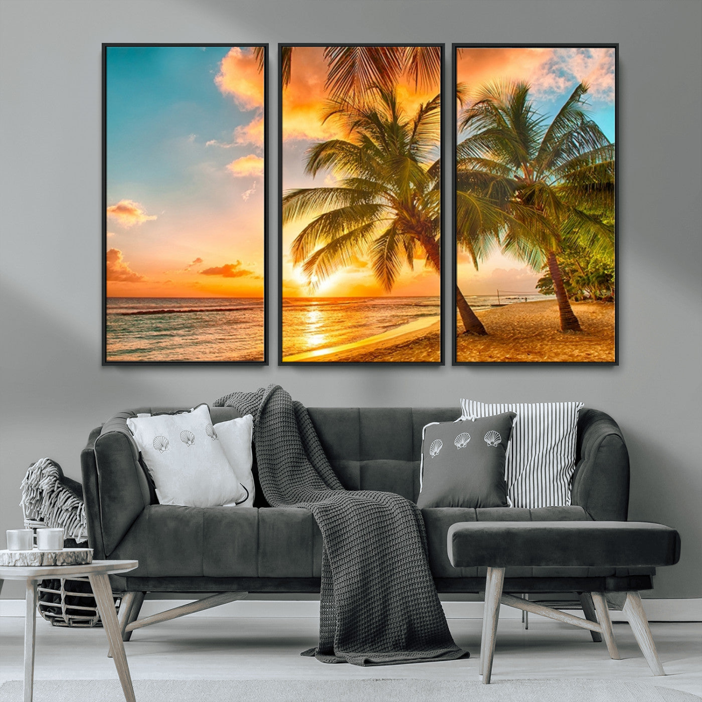 MGV-FC-48X32-3P - Tropical Sunset Beach Canvas Wall Art Print – Vibrant Palm Trees and Coastal Sunset Wall Decor for