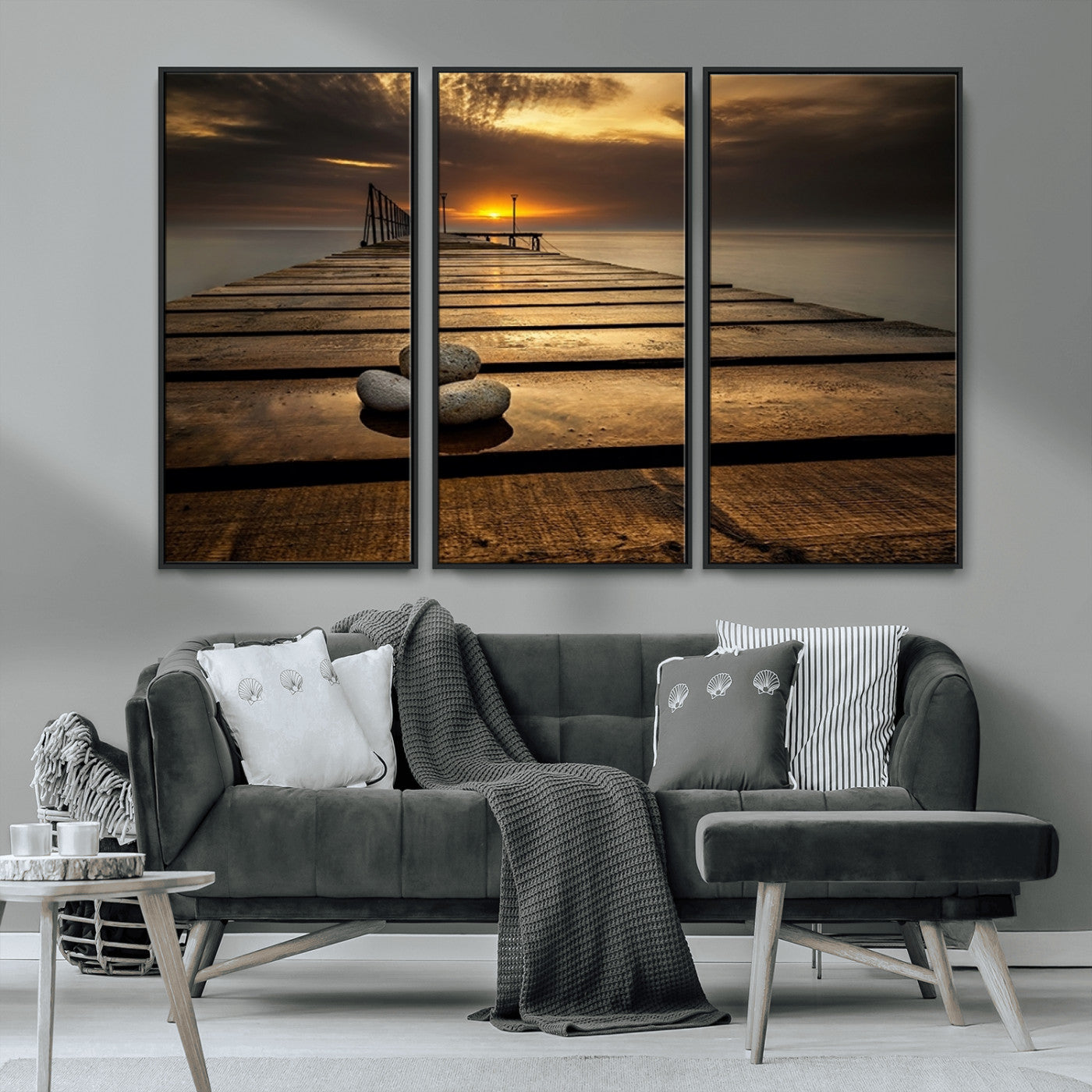 MGV-FC-48X32-3P - Stones on Wooden Pier at Sunset Canvas Print, Serene Coastal Wall Art, Beach Sunset Photography,