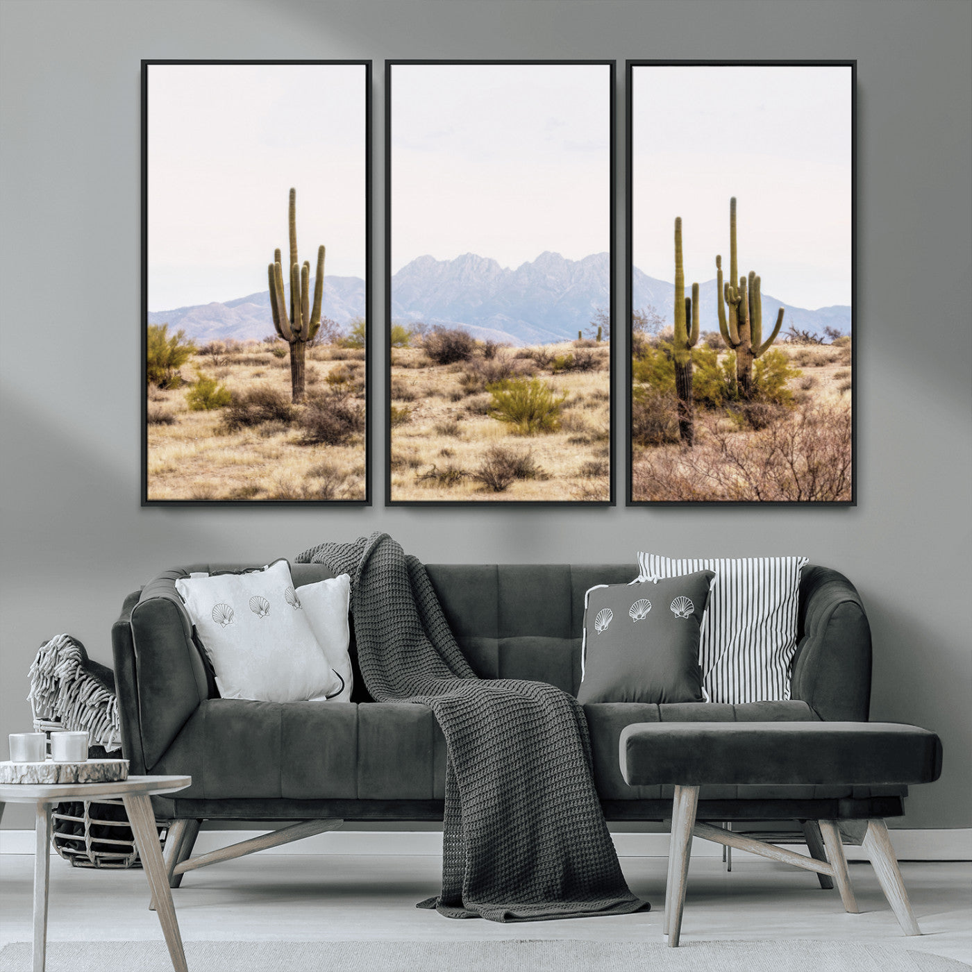 97436-MGV-FC-48X32-3P_Black-Desert Cactus Canvas Wall Art – Serene Southwestern Arizona Landscape with Majestic Mountains -