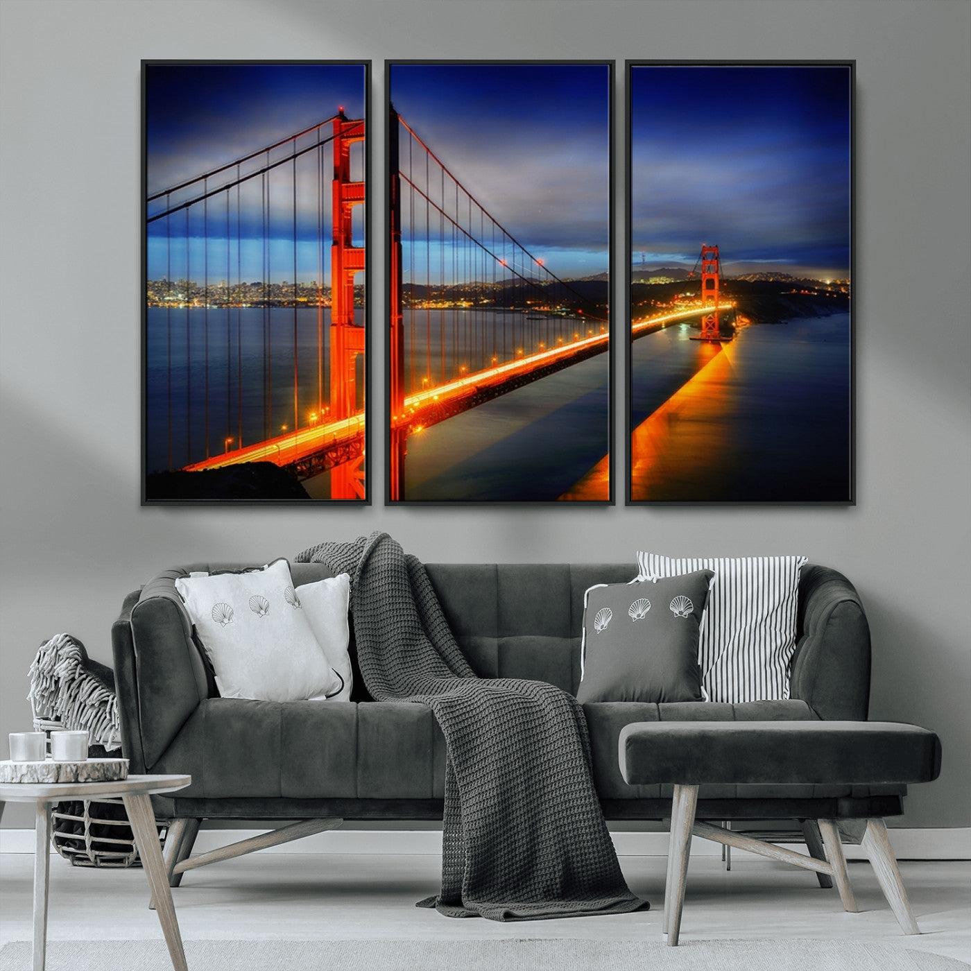 MGV-FC-48X32-3P - Large Wall Art San Francisco Canvas Print - Wonderful Golden Gate Bridge at Twilight