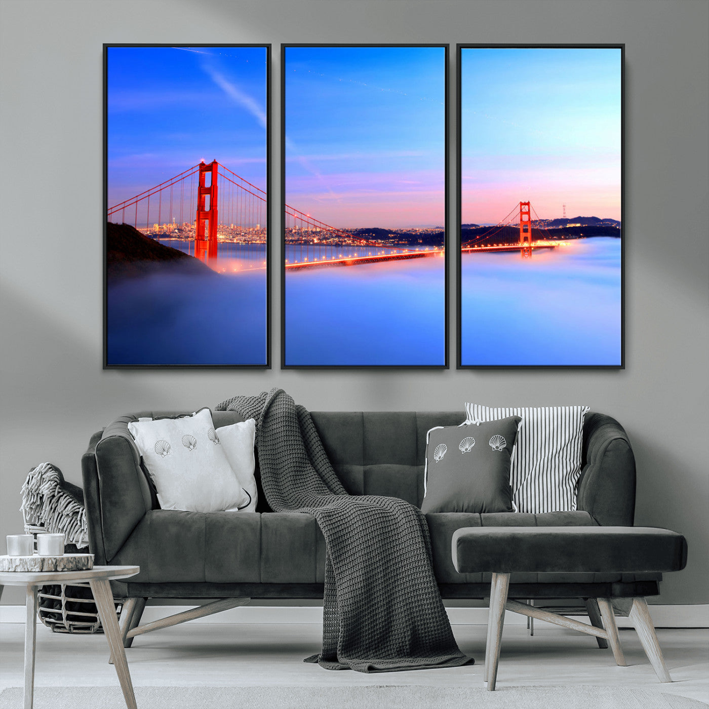 MGV-FC-48X32-3P - Golden Gate Bridge Wall Art Print, San Francisco Sunset Canvas Wall Art, Cityscape Canvas Print for