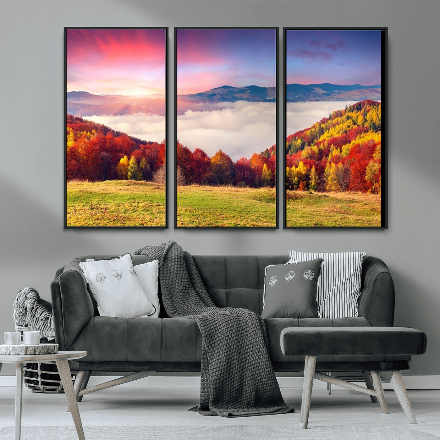 MGV-FC-48X32-3P - Autumn Mountain Foggy Landscape Wall Art Canvas Print | Beautiful Forest Canvas Print | Misty
