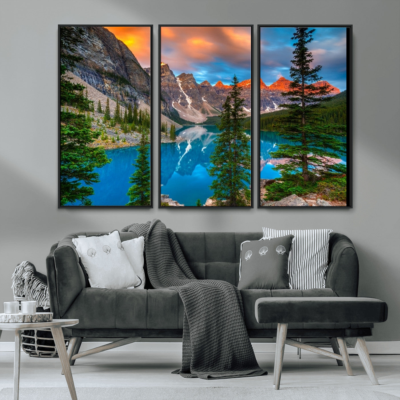 MGV-FC-48X32-3P - Canadian Rockies Moraine Lake Wall Art Canvas Print, Pine Trees Mountain Spring Canvas Print