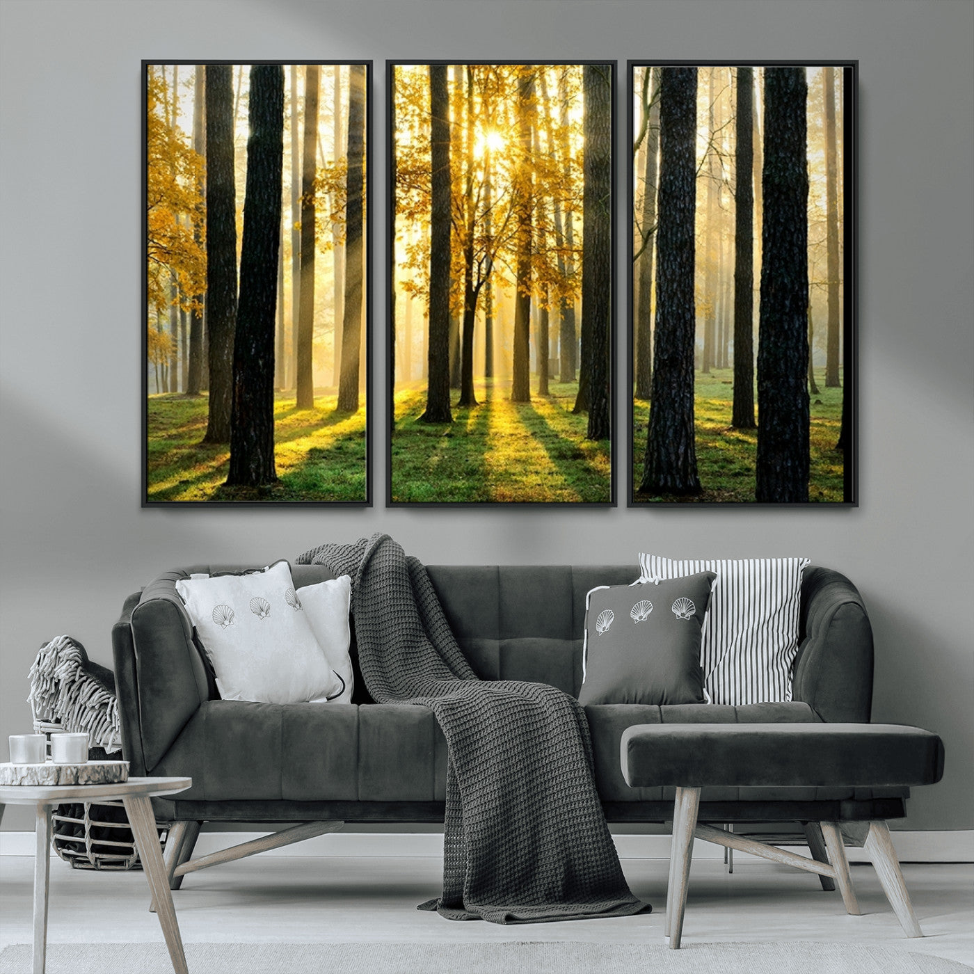 MGV-FC-48X32-3P - Sunlit Forest Canvas Wall Art – Serene Woodland Triptych Landscape Print – Nature-Inspired Decor for