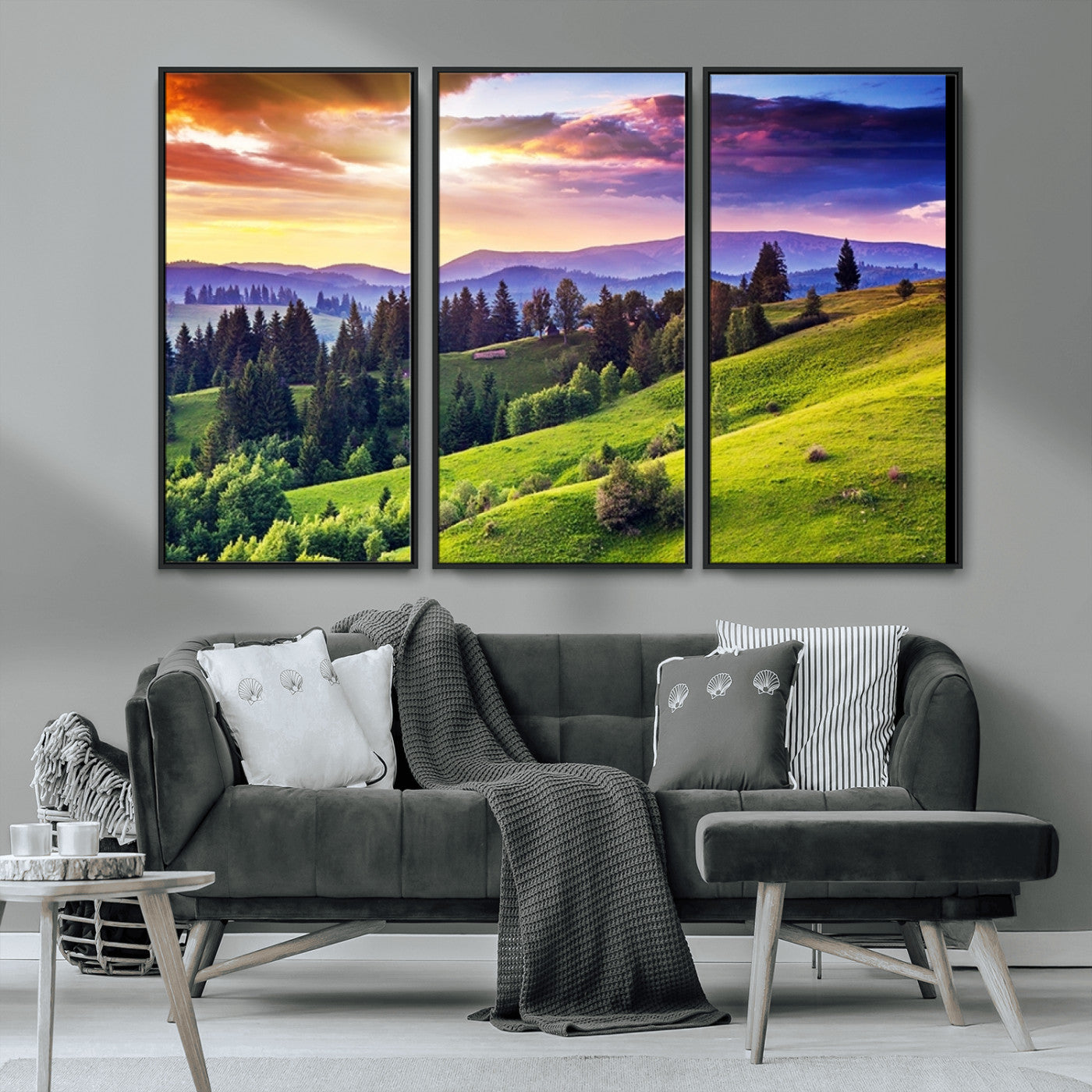 MGV-FC-48X32-3P - Green Hills and Sunset Wall Art Print - Scenic Landscape with Lush Greenery and Vibrant Sky, Ready