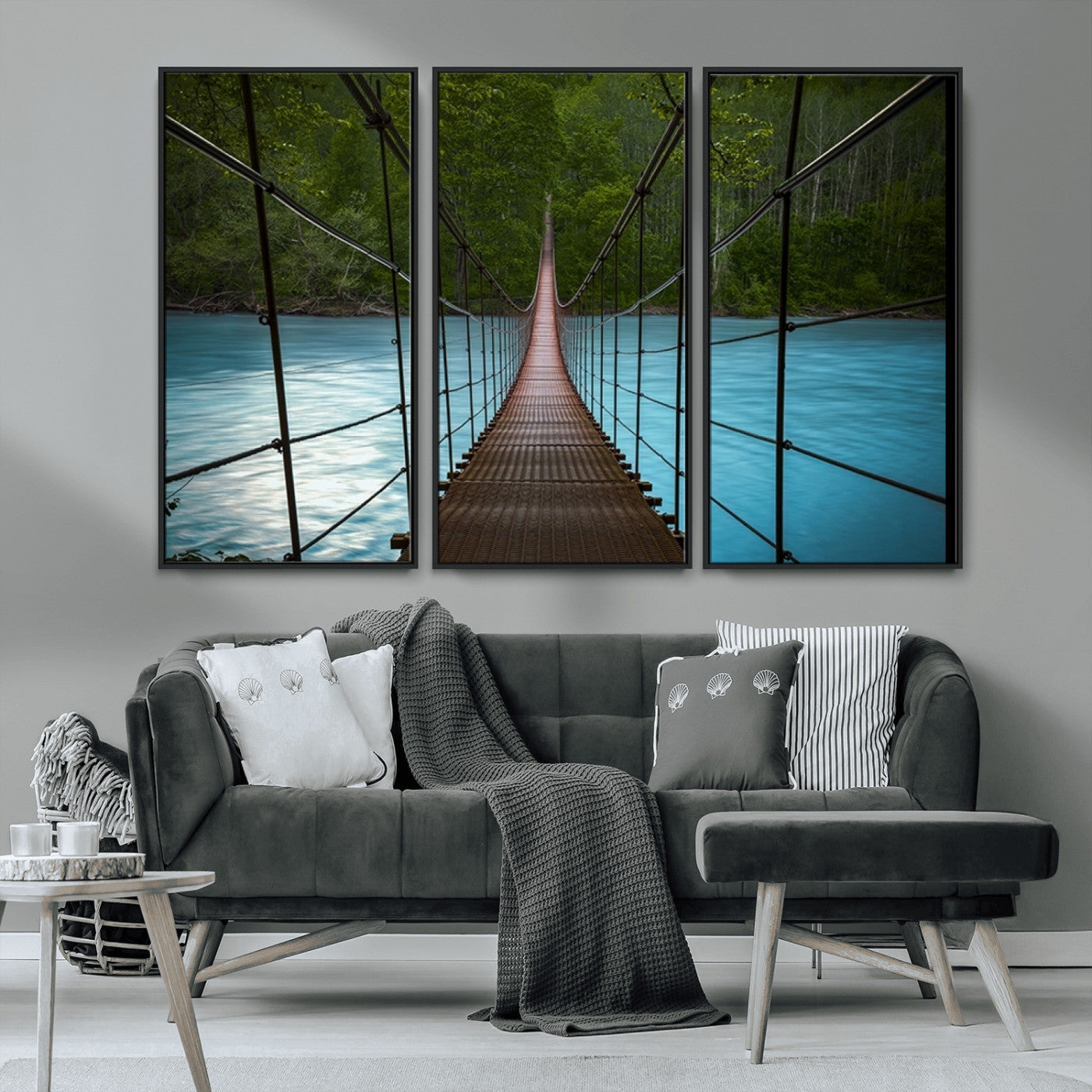 MGV-FC-48X32-3P - Suspension Bridge Over River Canvas Art | 3-Panel Nature Photography | Scenic Wall Art for Living