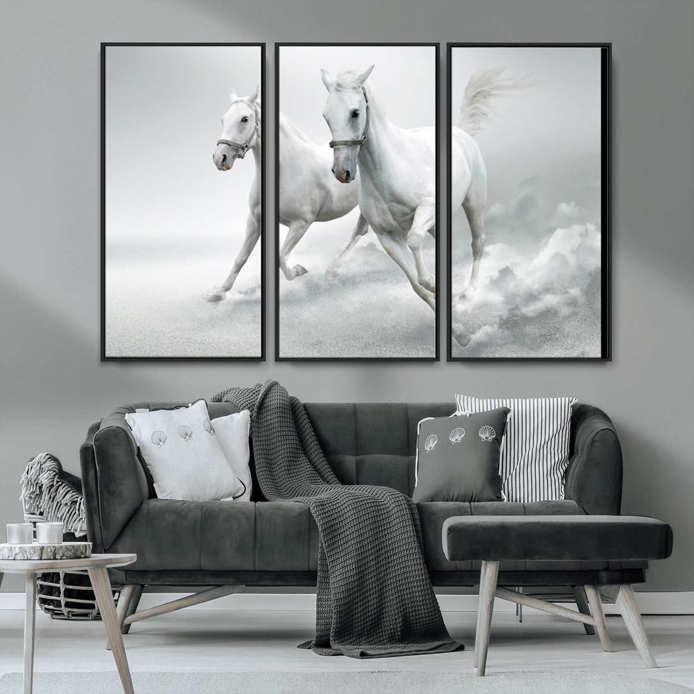 MGV-FC-48X32-3P - Large Wall Art Animal Canvas Print - Beautiful Running White Horses