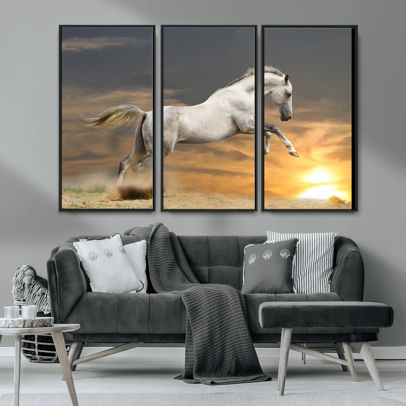 MGV-FC-48X32-3P - Large Wall Art Animal Canvas Print - White Jumping Horse at Sunset