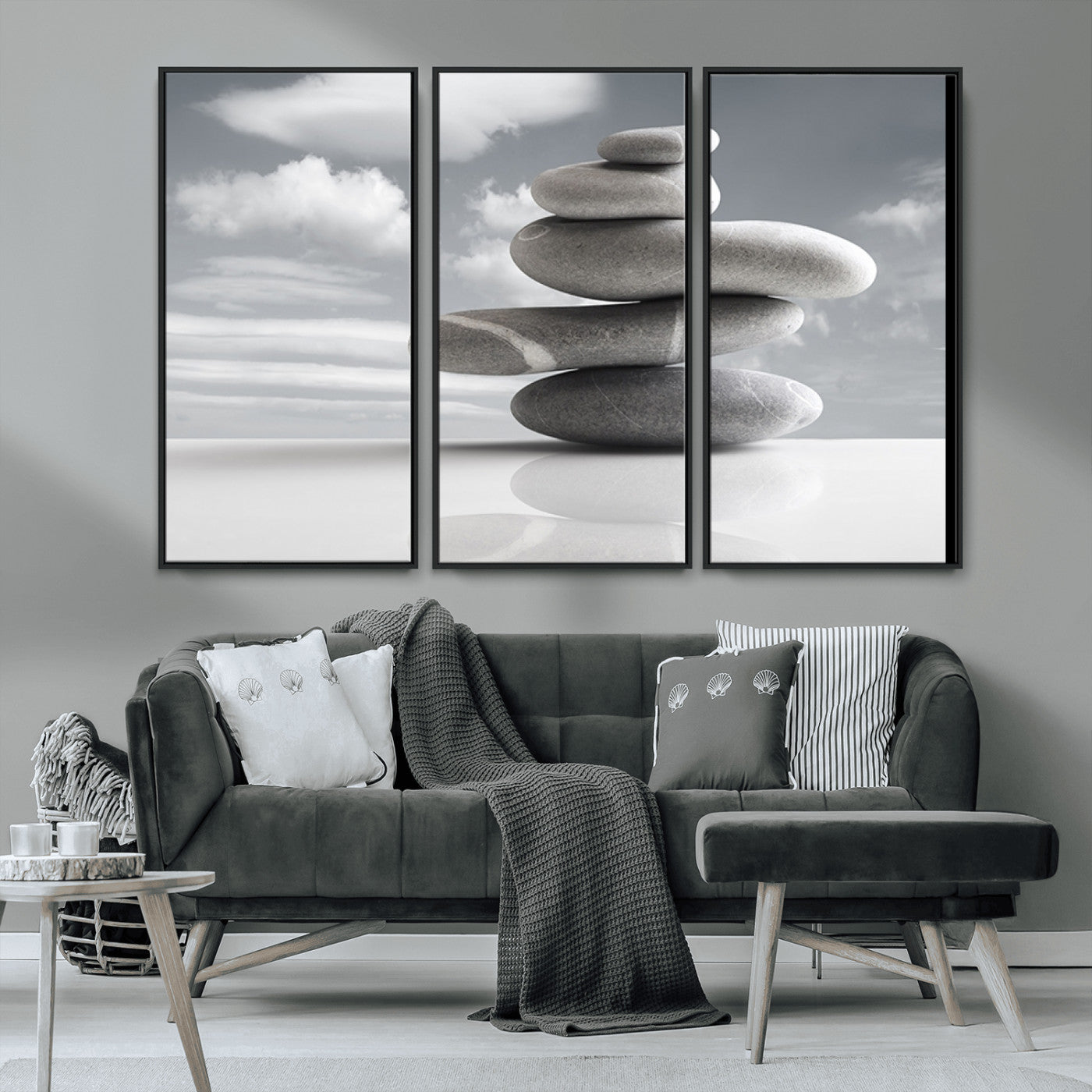 MGV-FC-48X32-3P - Still Life Black and White Zen Stones Wall Art Canvas, Framed Black and White Zen Stones Canvas
