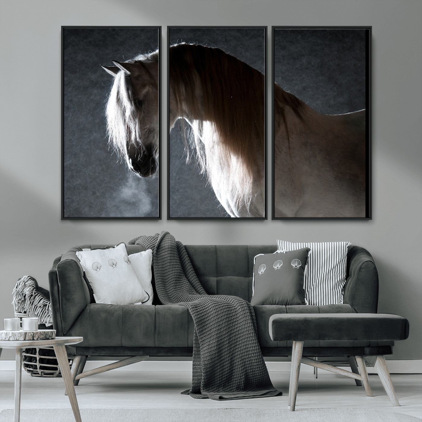 MGV-FC-48X32-3P - Large Wall Art Cream Colored Horse on Grey Background Canvas Print