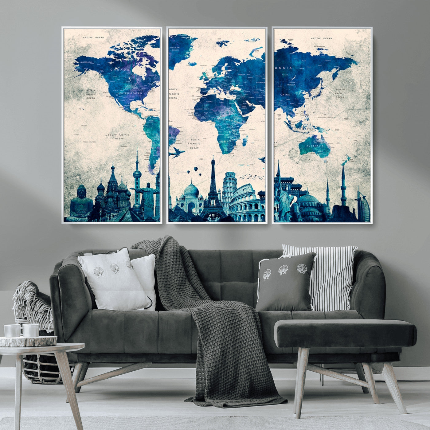 MGV-FC-48X32-3P - Navy Blue World Map Canvas Print, Wonder of World Map Push Pin Canvas Print
