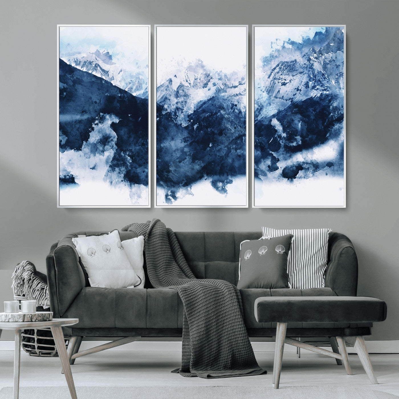 81700-MGV-CV-36X24-Abstract Blue Mountain Canvas Wall Art – Modern Triptych Landscape Print – Contemporary Nature Decor for Living Room or Office – Ready to