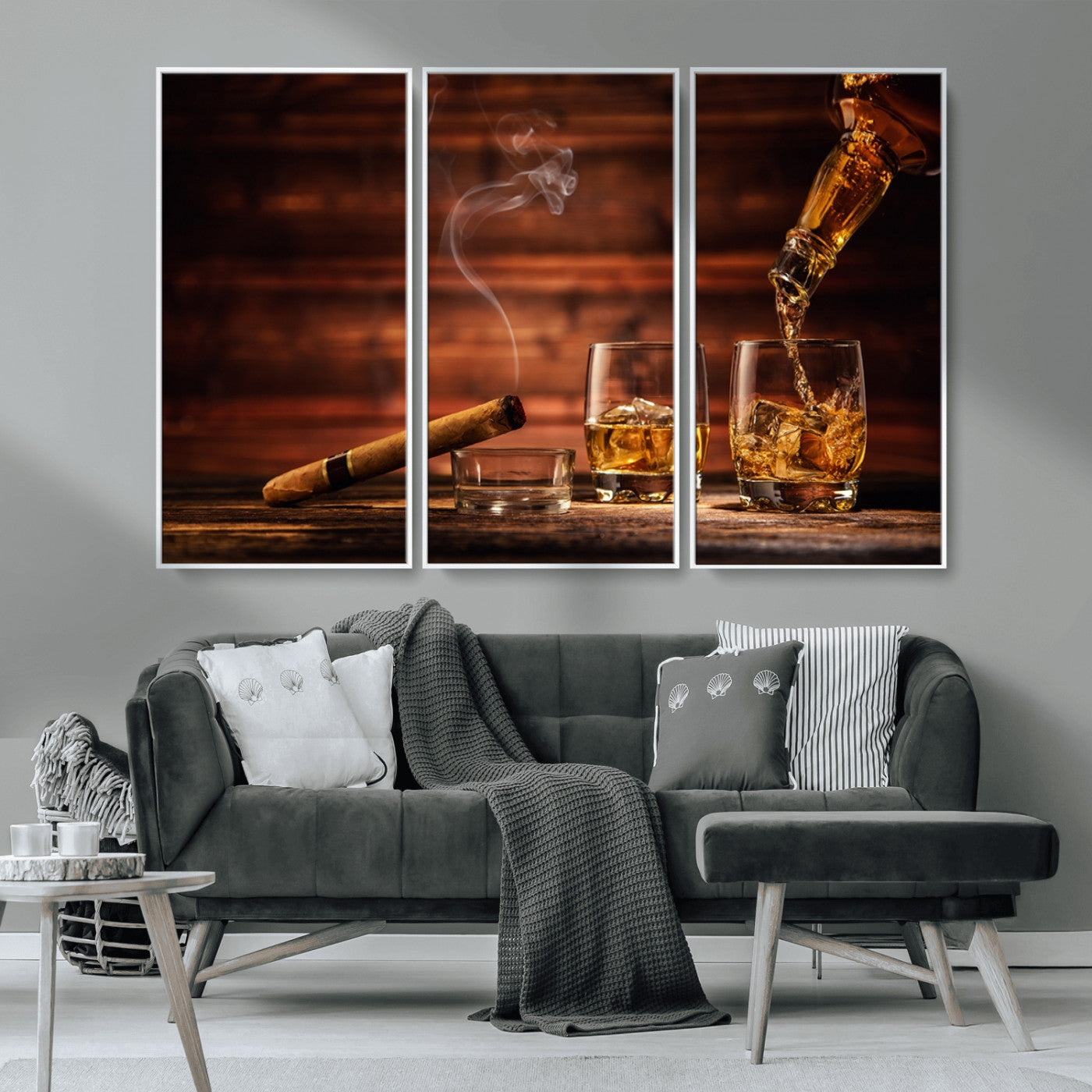 MGV-FC-48X32-3P - Whiskey and Cigar Wall Art Canvas | 3 Panel Bar Room Decor for Home Lounge, Office, or Man Cave |