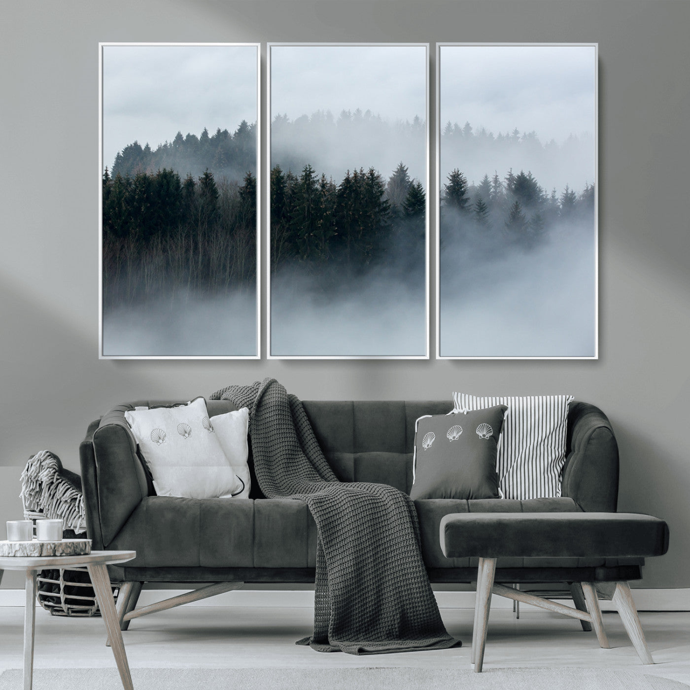 MGV-FC-48X32-3P - Autumn and Misty Trees in the Forest Wall Art Canvas Print, Foggy Forest Mountain Wall Art Canvas