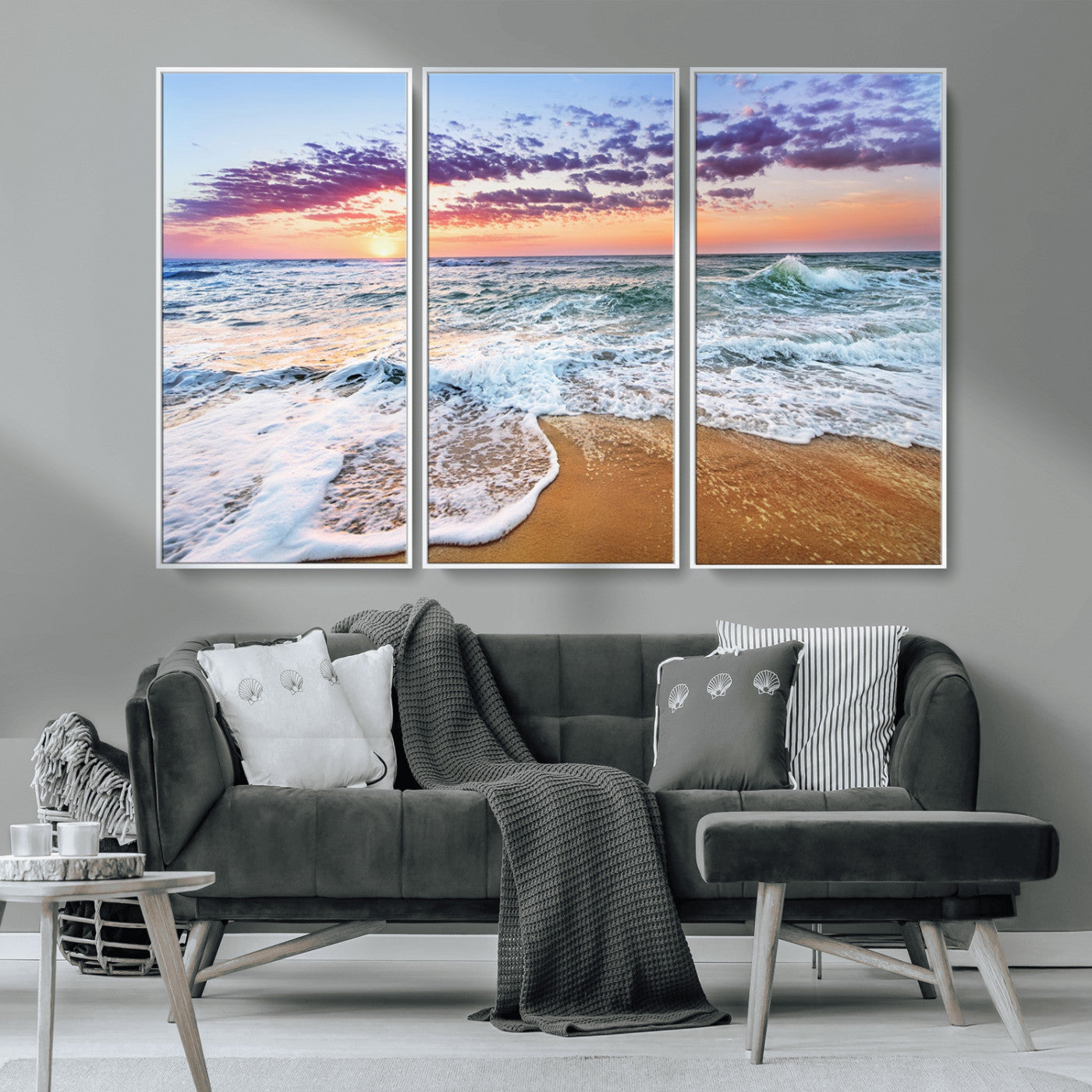 MGV-FC-48X32-3P - Coastal Sunset Art Beach Canvas Wall Art Print | Ocean Waves Wall Art | Large 3-Panel Seascape for