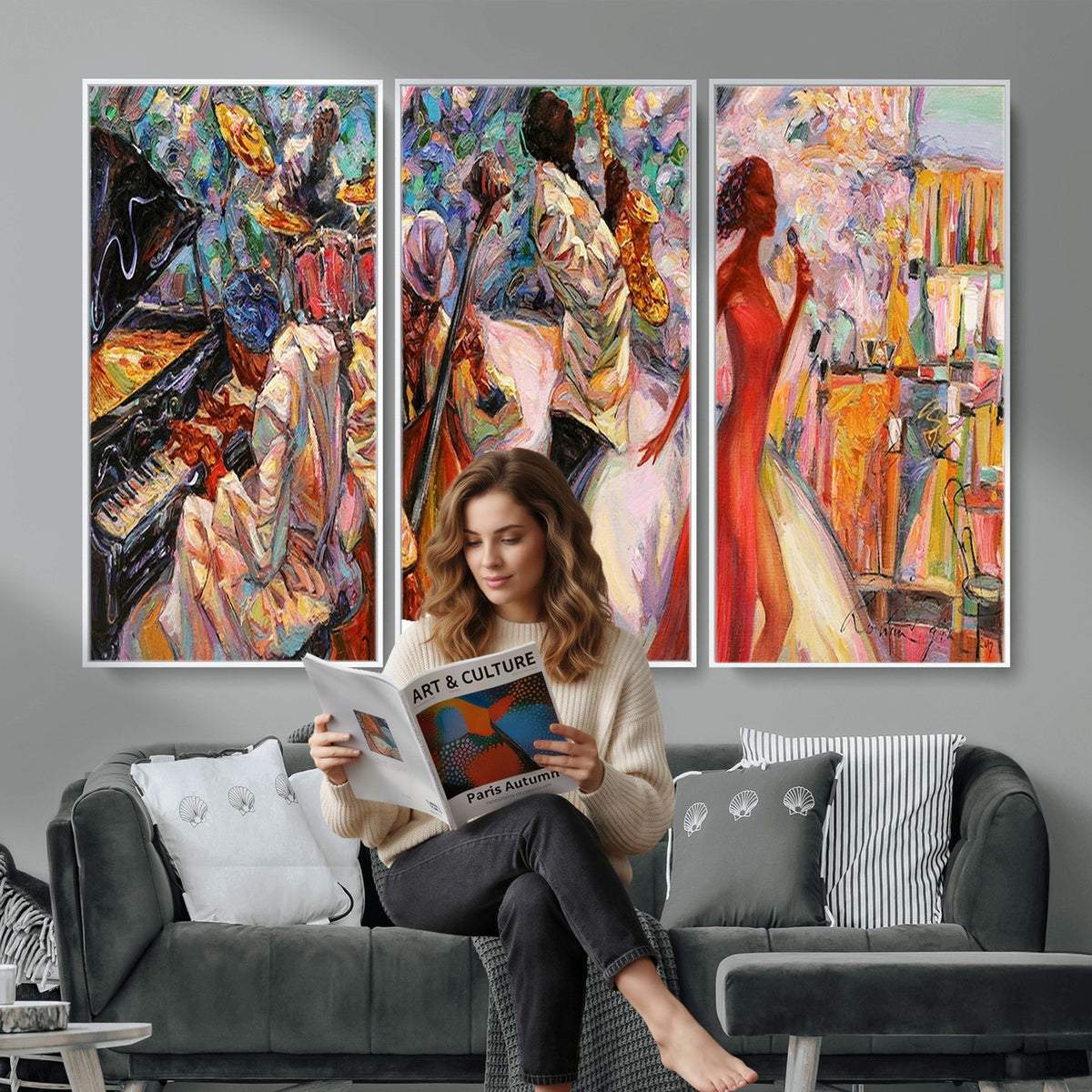 40574-_Poster-30x20 - Afro American Jazz Band Canvas Wall Art | 3 Panel Music Studio Decor