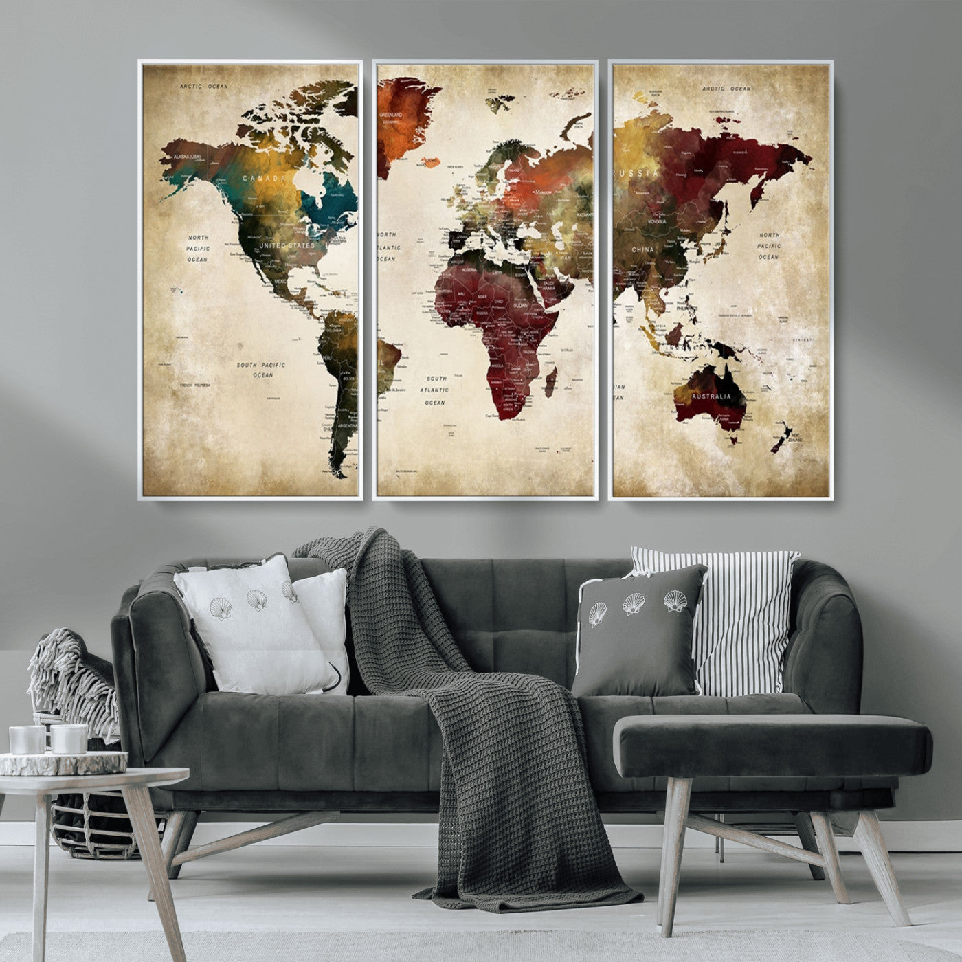 MGV-FC-48X32-3P - Large World Map Wall Art Canvas Print, Framed Push Pin Map Art Picture Print, Abstract Traveller Map Perfect Modern Decor Artwork