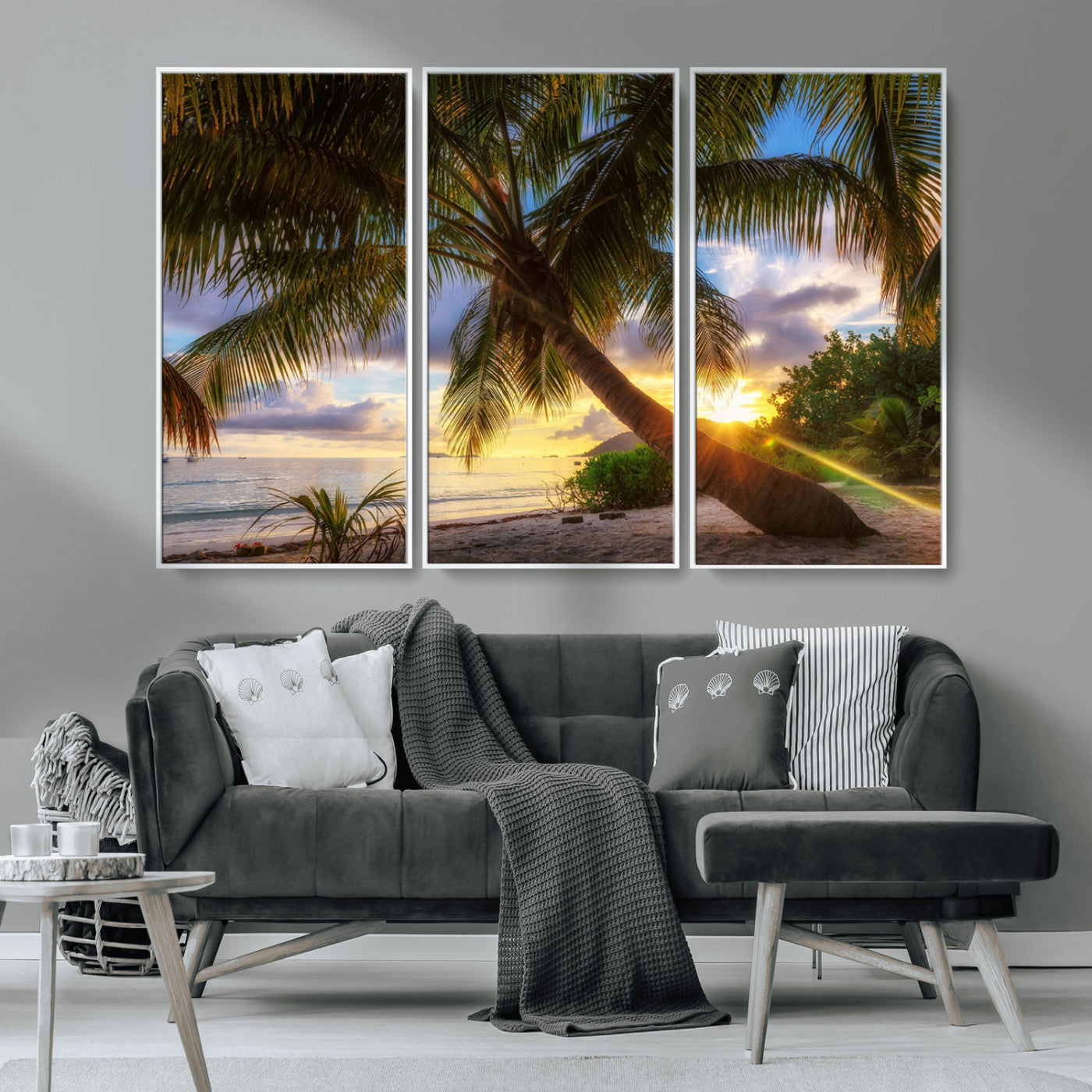 MGV-FC-48X32-3P - Tropical Island Sunset on the Beach Palms Wall Art Canvas Print