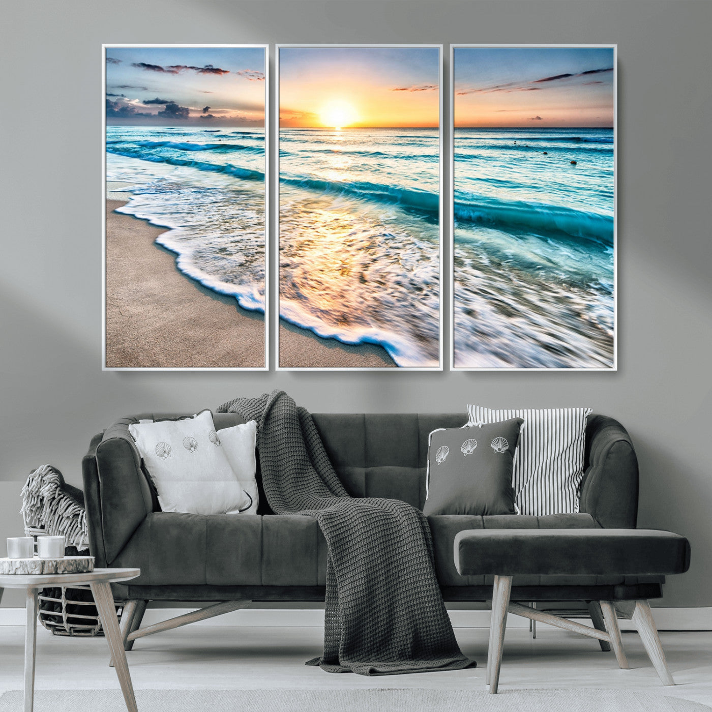 MGV-FC-48X32-3P - Sunset Beach Waves Canvas Wall Art – 5-Panel Ocean Sunset Print – Coastal Decor for Living Room or