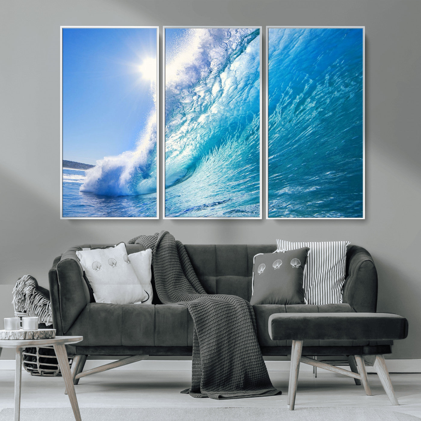MGV-FC-48X32-3P - Blue Big Wave Surfing Ocean Canvas Wall Art Artwork Print , Surf Wall Art, Sea Wall Art