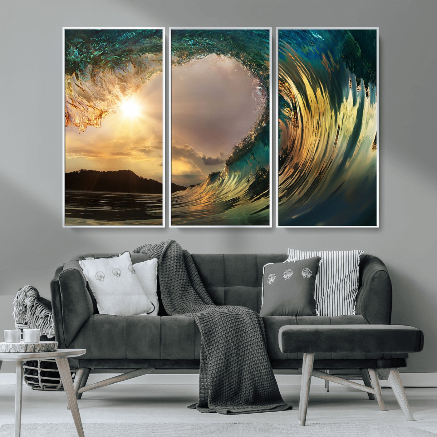 MGV-FC-48X32-3P - Golden Wave Sunset Giclee Canvas Print – Large Coastal Wall Art for Nature Lovers, Captivating Ocean Wave Decor