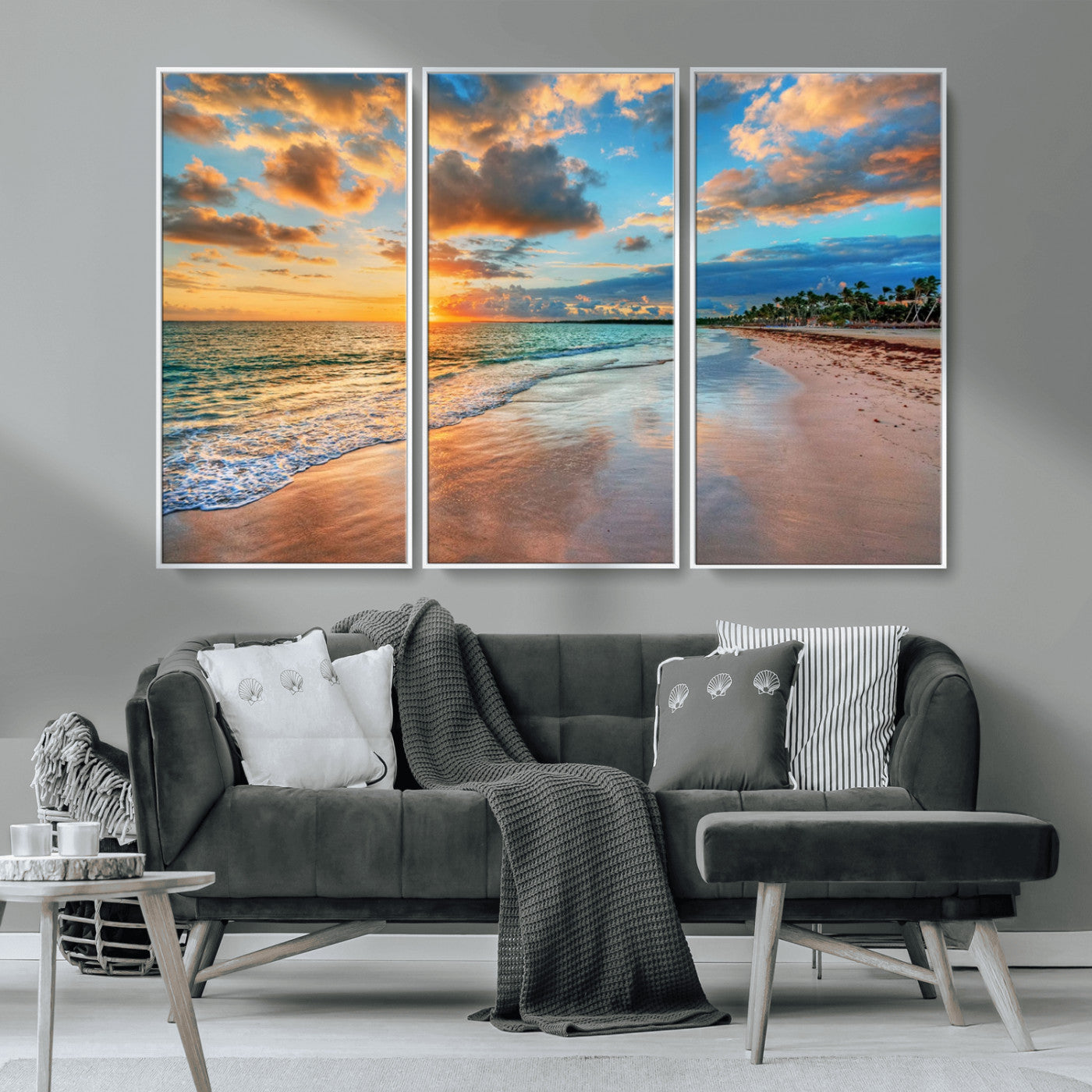 MGV-FC-48X32-3P - Sunset Ocean Waves on Tropical Beach, 3-Panel Giclee Canvas Art for Coastal Home Decor, Vibrant Palm-Lined Shore