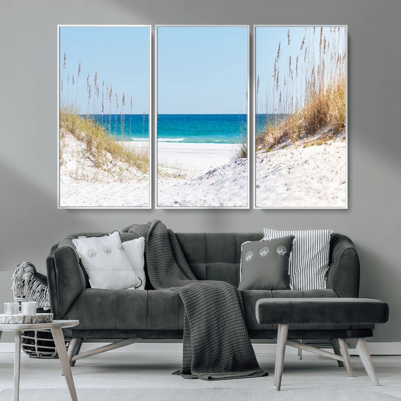 MGV-FC-48X32-3P - Serene Coastal Dune Path with Ocean View, 3-Panel Beach Canvas Wall Art, Tranquil Seascape Giclee Print, Gallery Wrap, Perfect for Coastal Home Decor